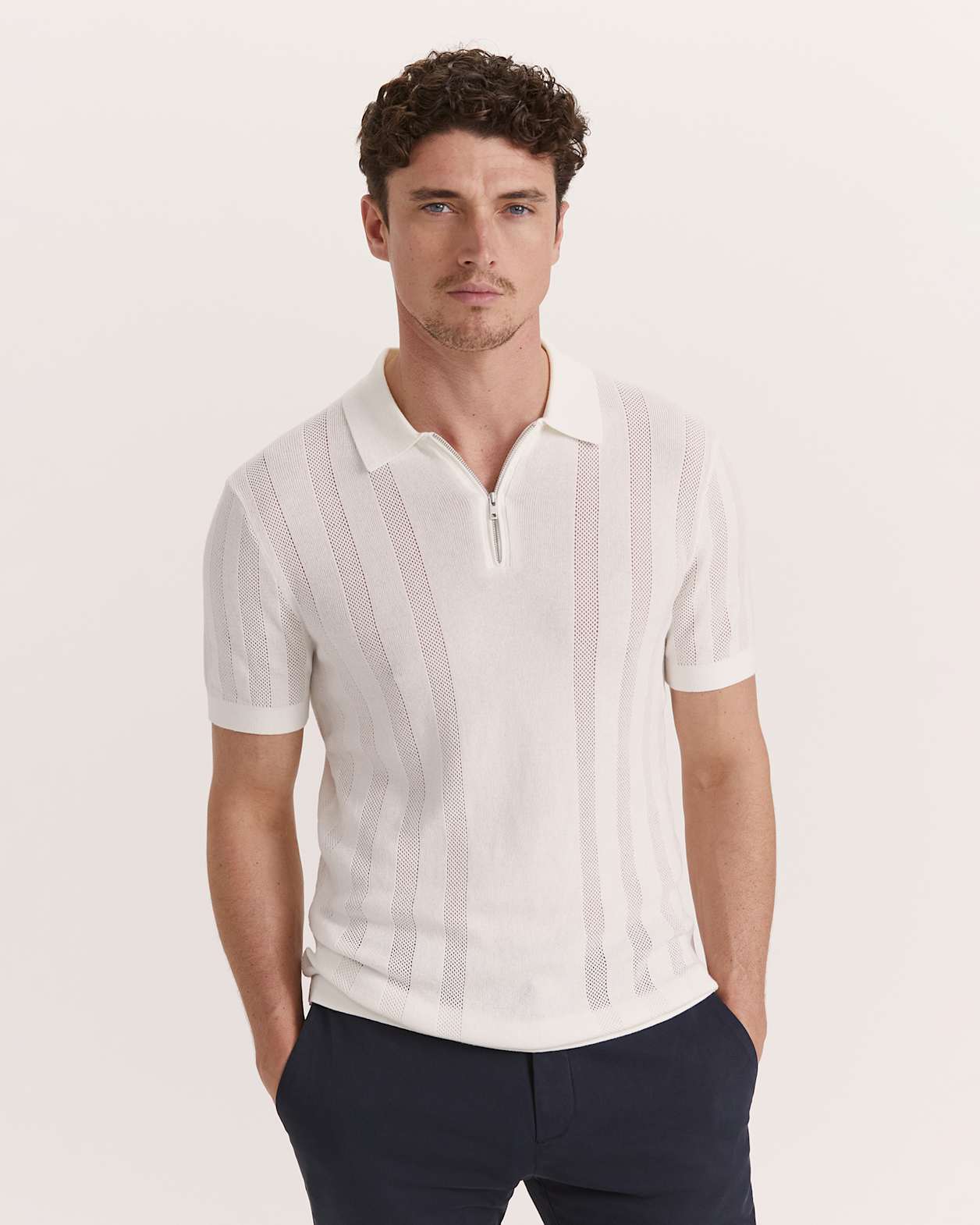 Evans Cotton Textured Knit Polo in IVORY