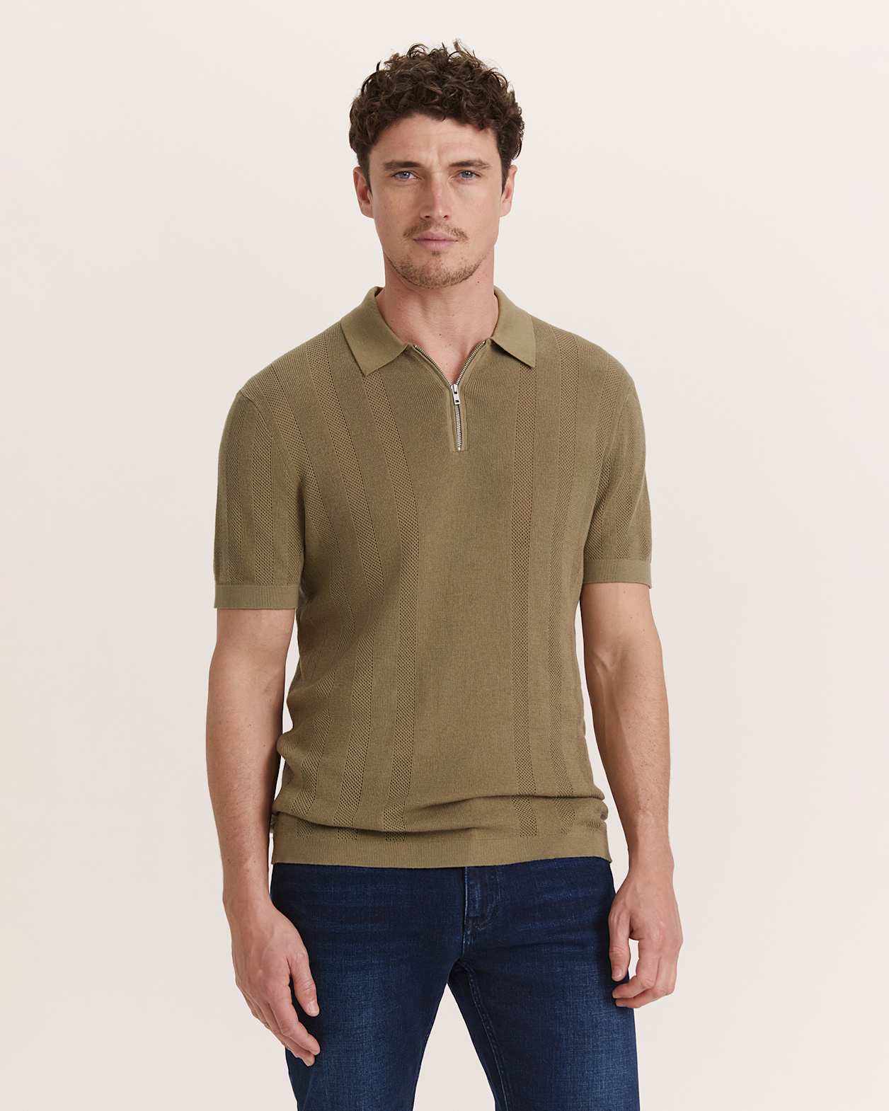 Evans Cotton Textured Knit Polo in KHAKI