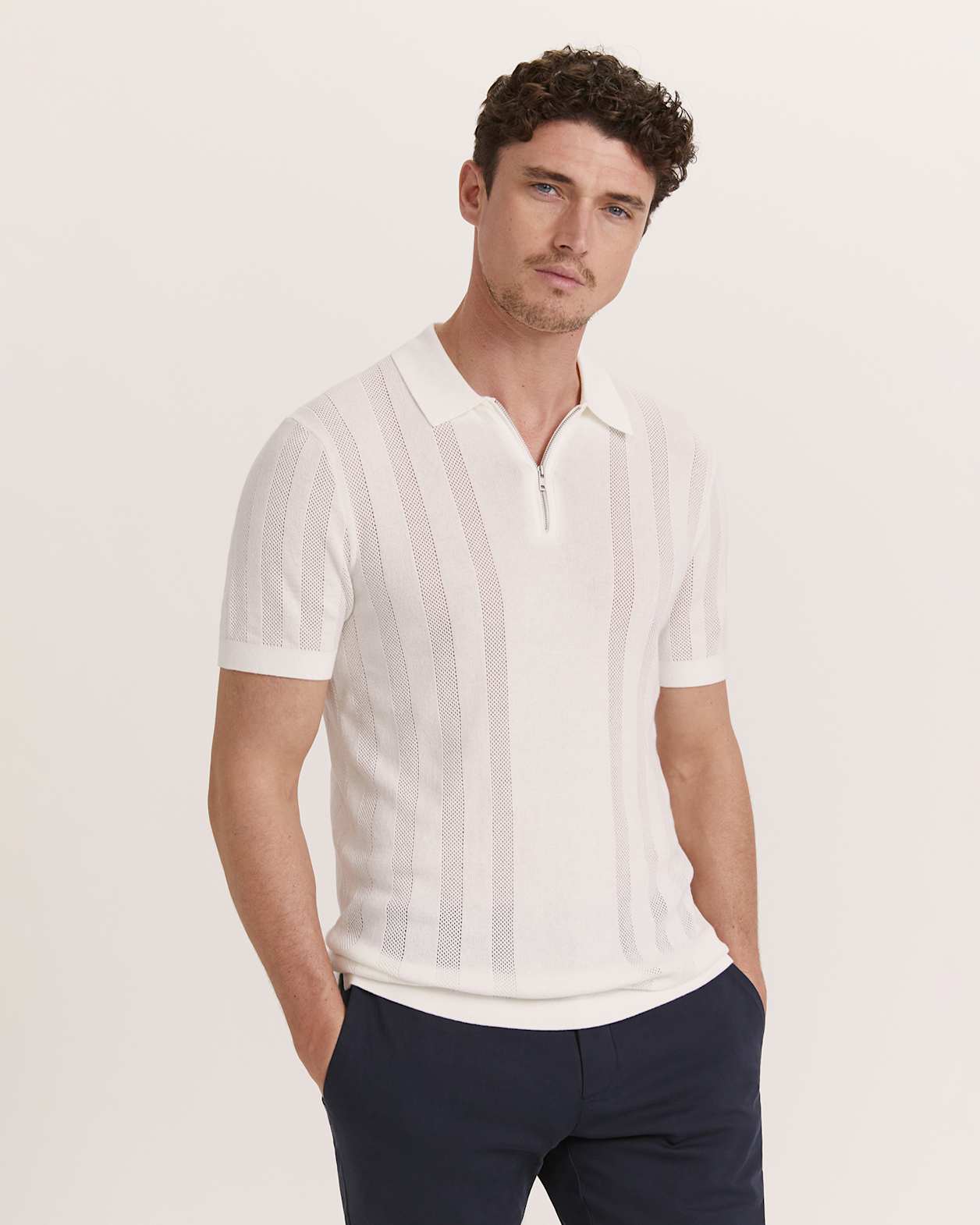 Evans Cotton Textured Knit Polo in IVORY
