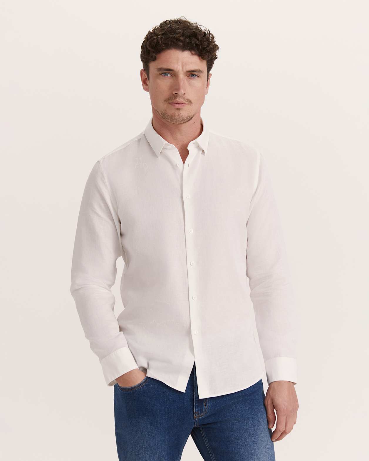 Reeves Long Sleeve Classic Linen Cotton Shirt in IVORY