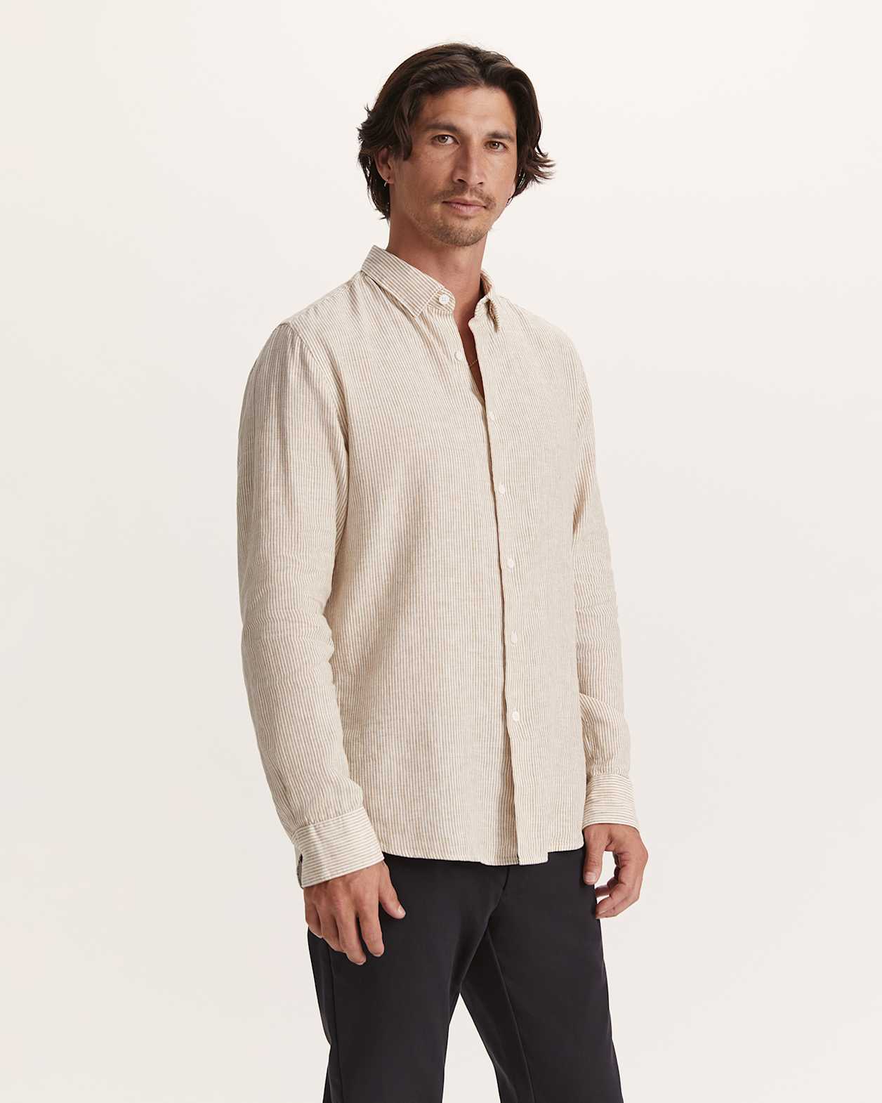 Henderson Long Sleeve Classic Stripe Shirt in TAN/WHITE