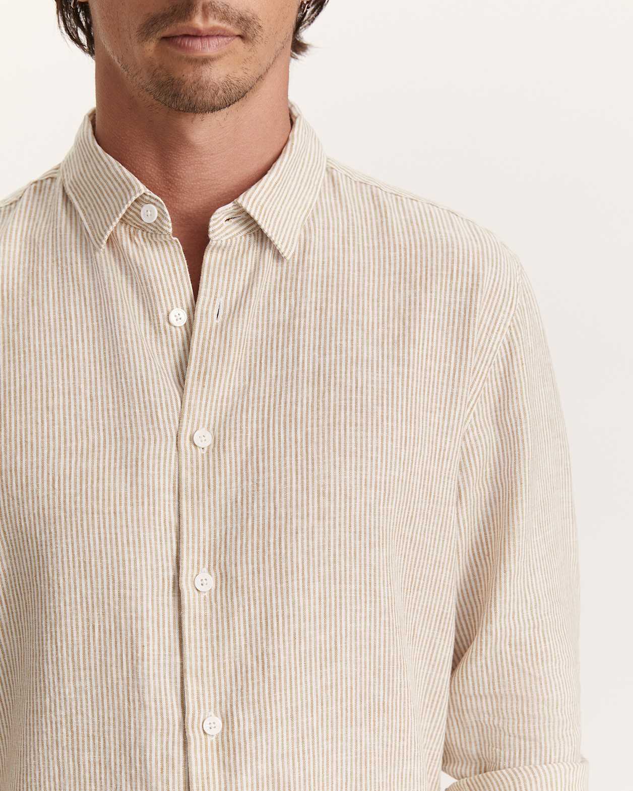 Henderson Long Sleeve Classic Stripe Shirt in TAN/WHITE