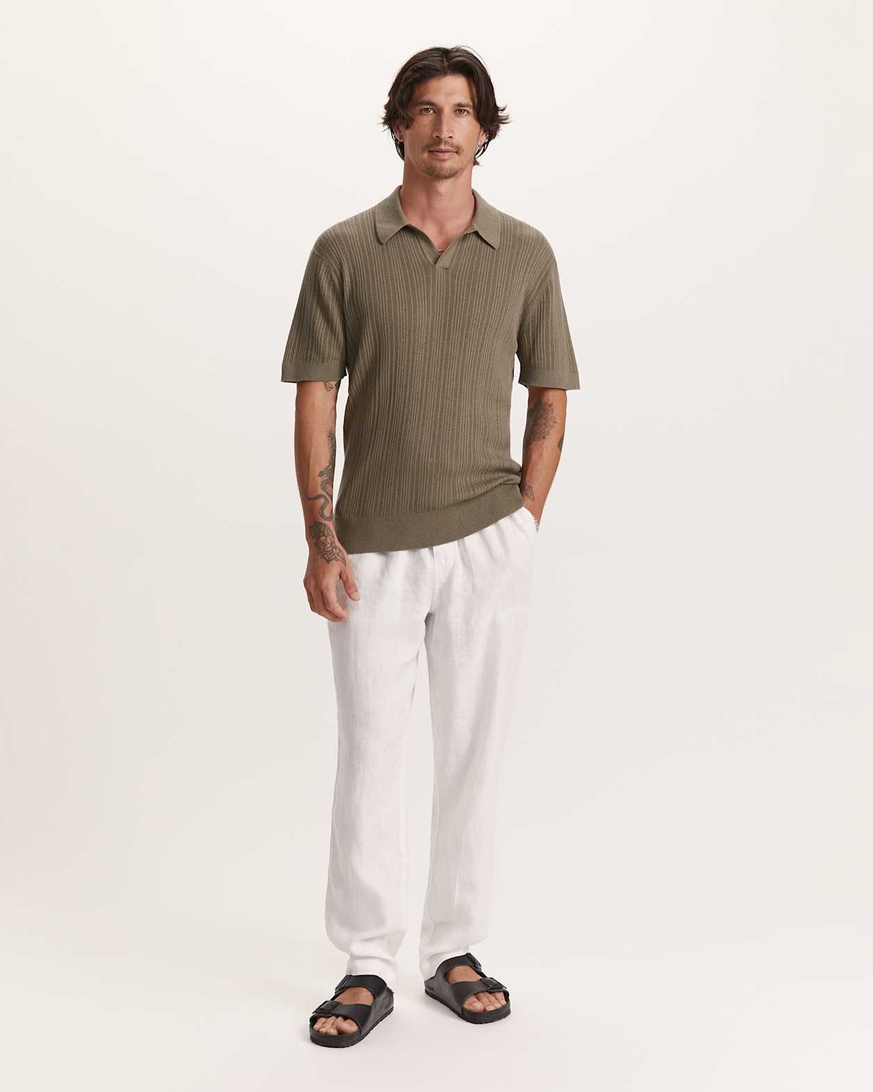 Nelson Linen Cotton Knit Polo in KHAKI
