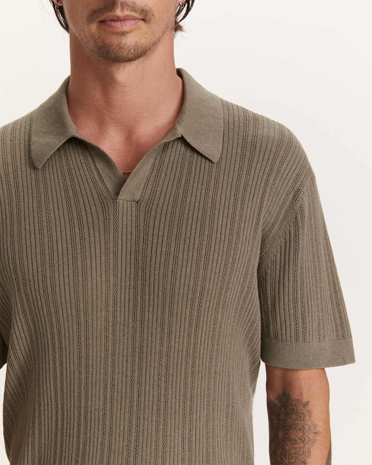 Nelson Linen Cotton Knit Polo in KHAKI