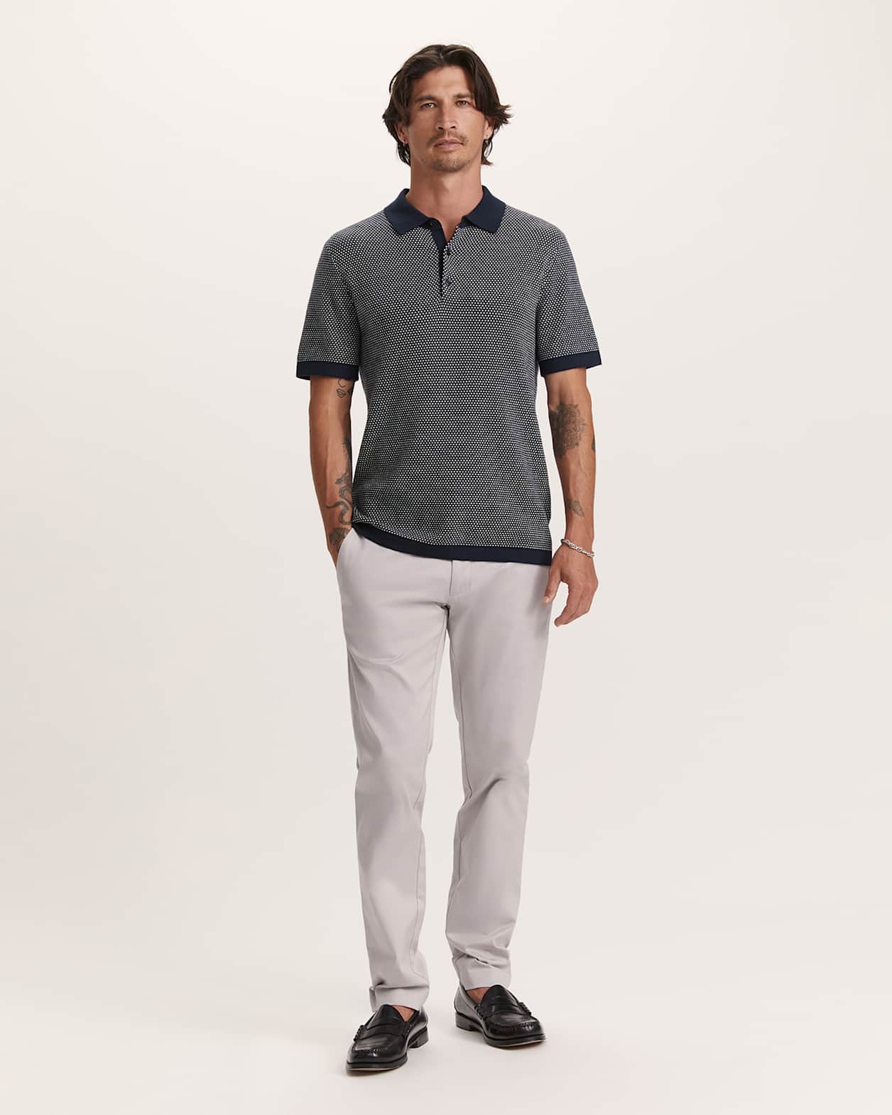 Miramar Cotton Wool Geo Knit Polo in NAVY/IVORY