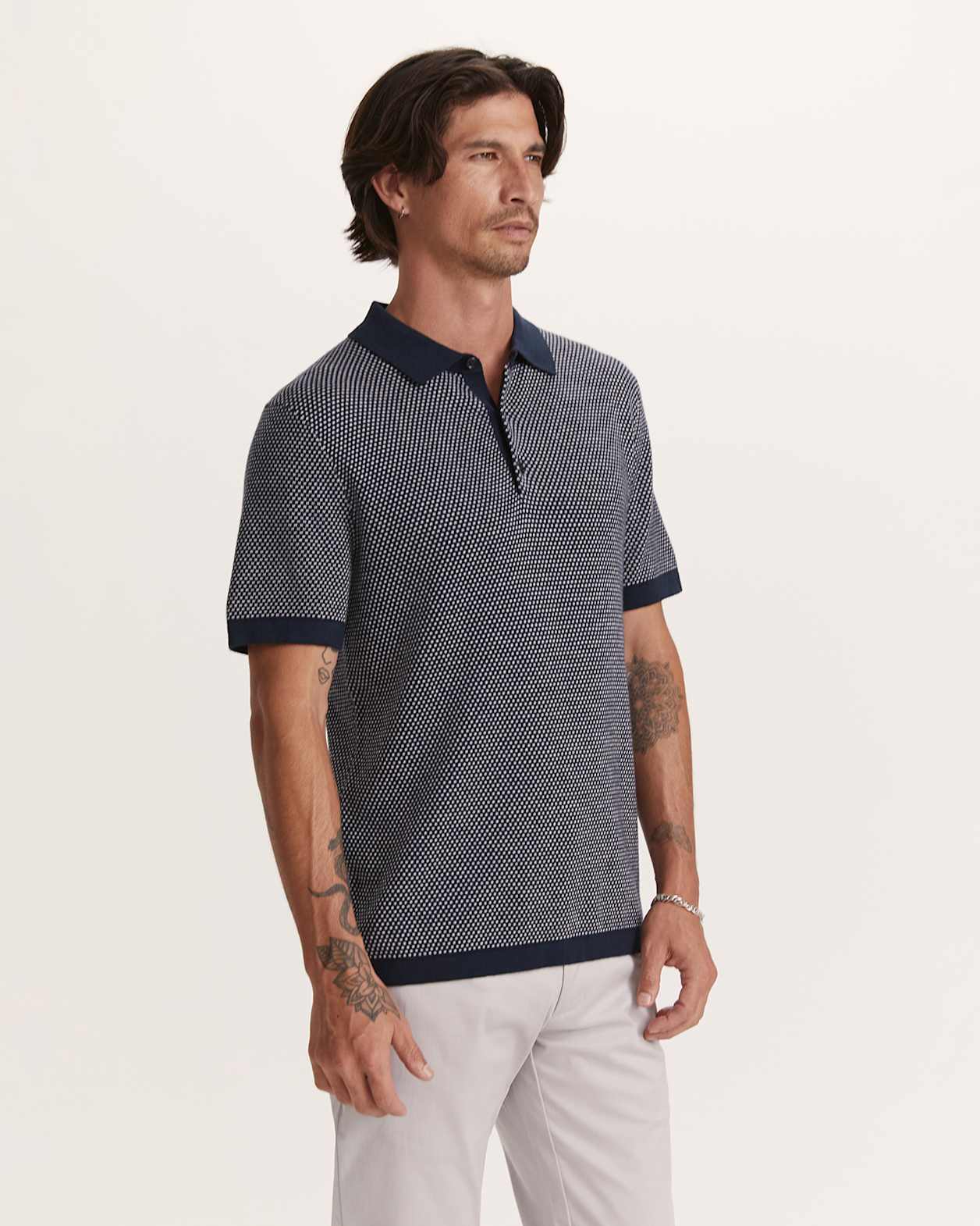 Miramar Cotton Wool Geo Knit Polo in NAVY/IVORY