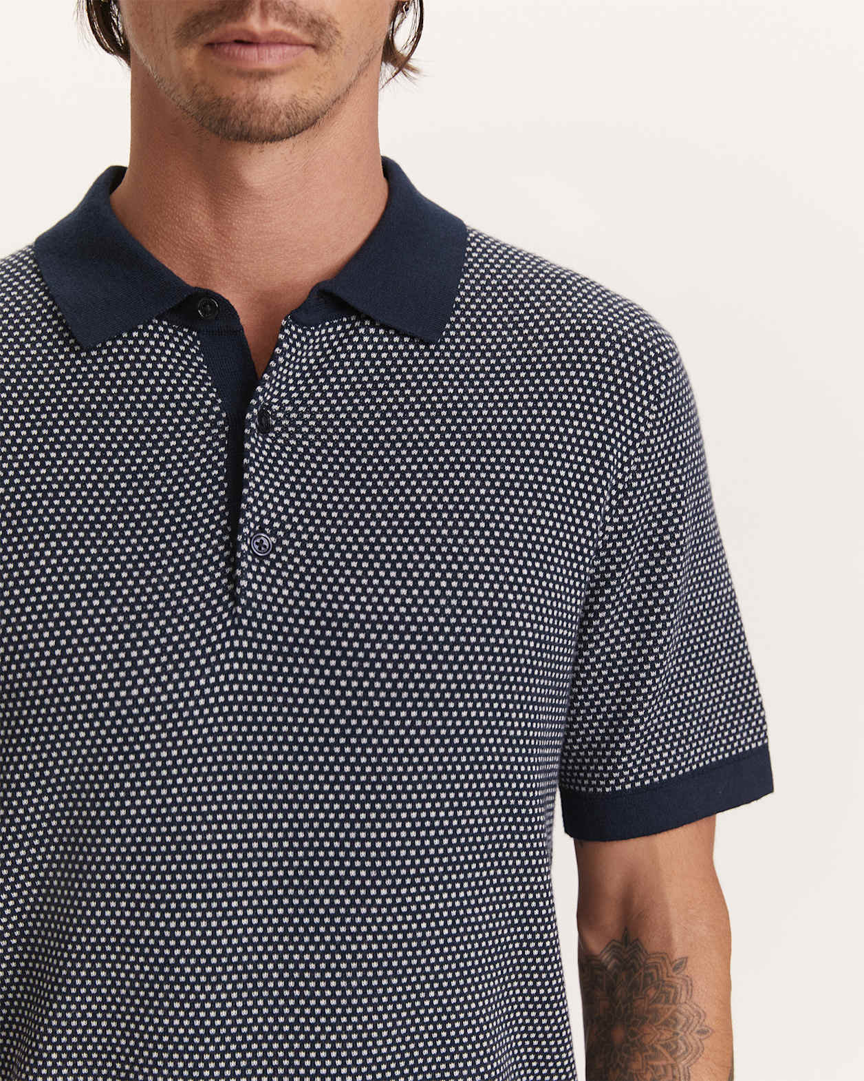 Miramar Cotton Wool Geo Knit Polo in NAVY/IVORY