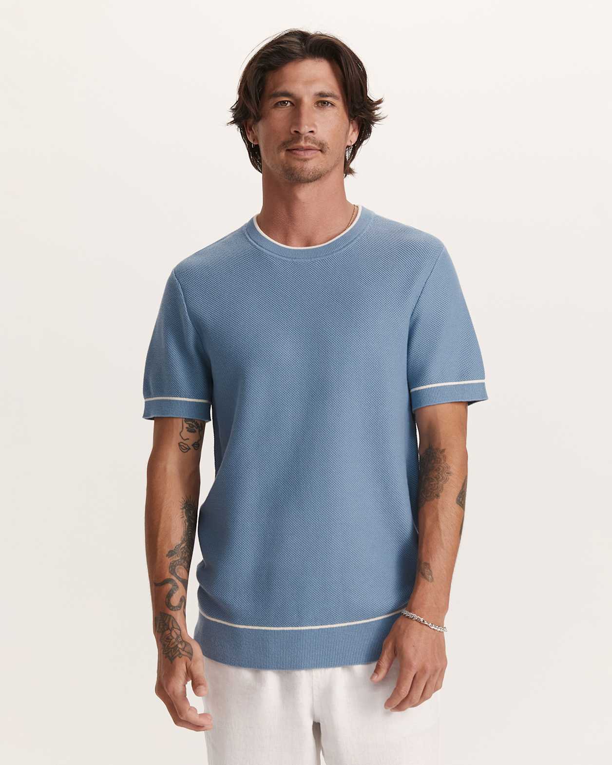 Como Cotton Tipped Tee in MID BLUE