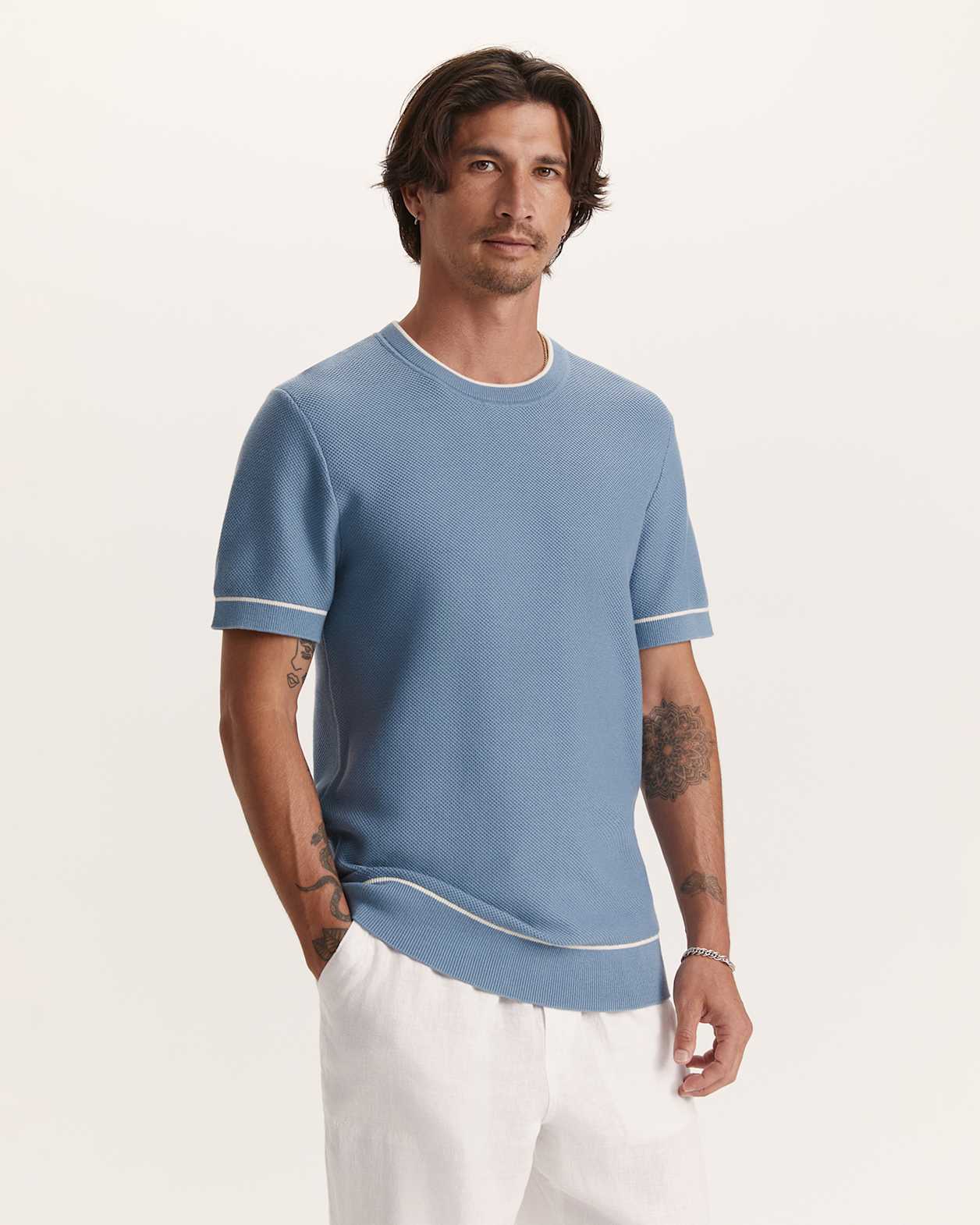 Como Cotton Tipped Tee in MID BLUE