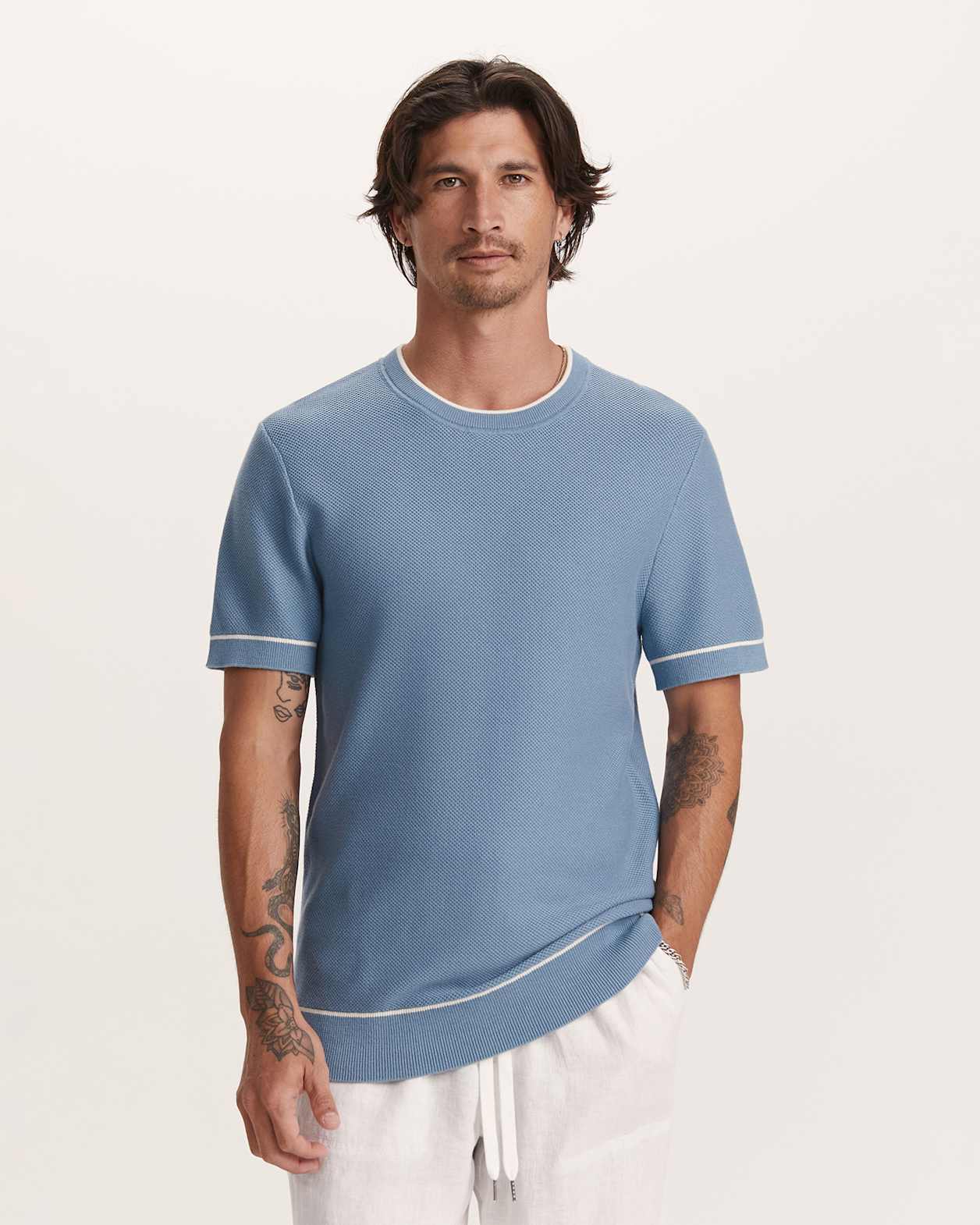 Como Cotton Tipped Tee in MID BLUE
