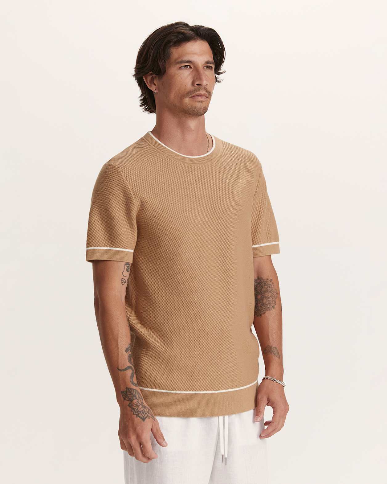 Como Cotton Tipped Tee in TAN