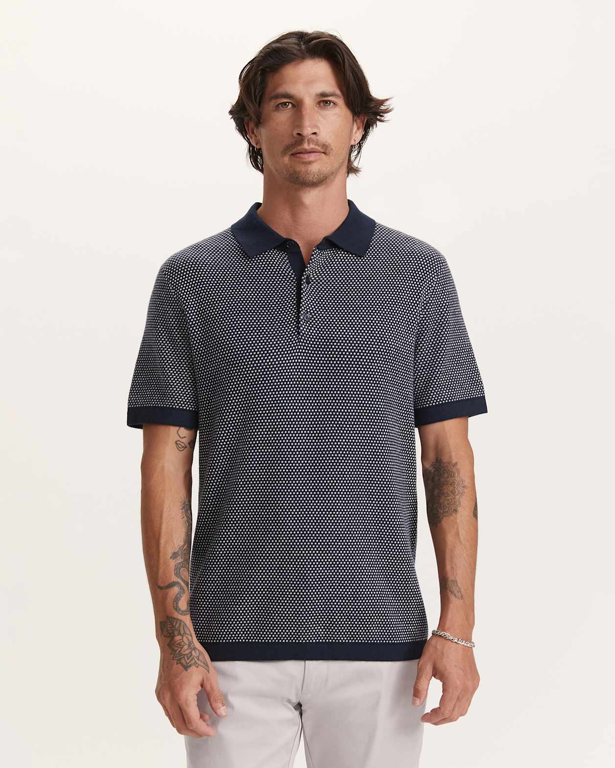 Miramar Cotton Wool Geo Knit Polo in NAVY/IVORY