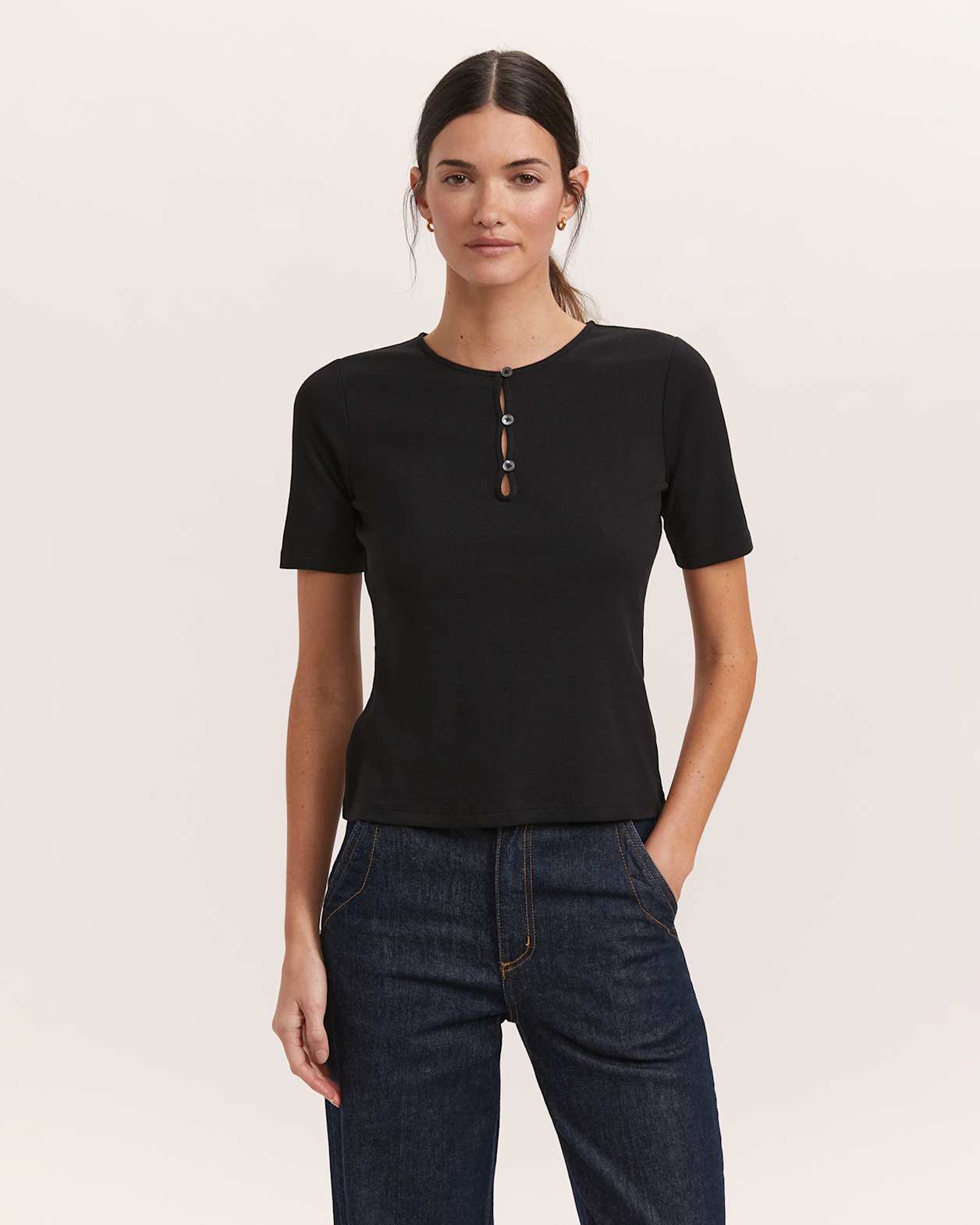 Fleur Button 1/2 Sleeve in BLACK