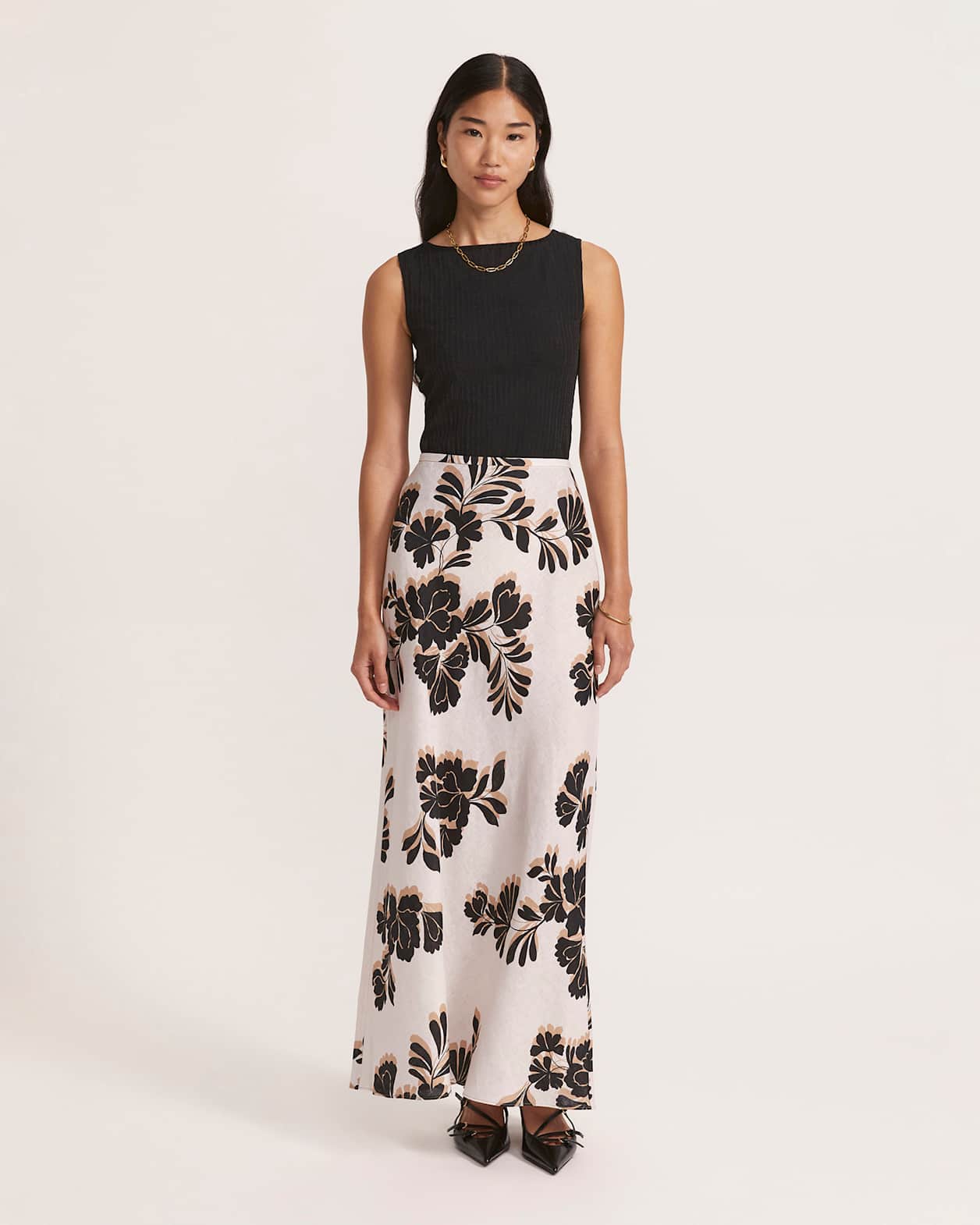 Ribbon Floral Bias Linen Midi Skirt in MULTI
