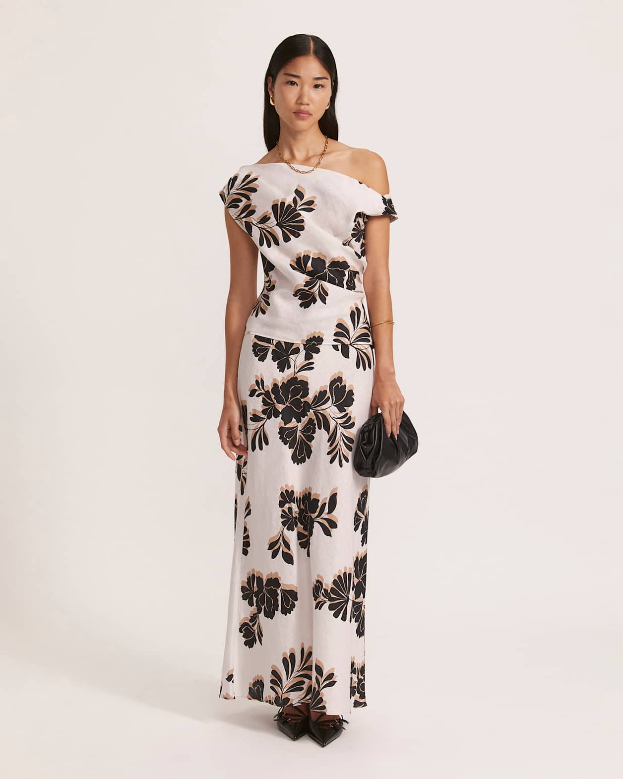 Ribbon Floral Bias Linen Midi Skirt in MULTI