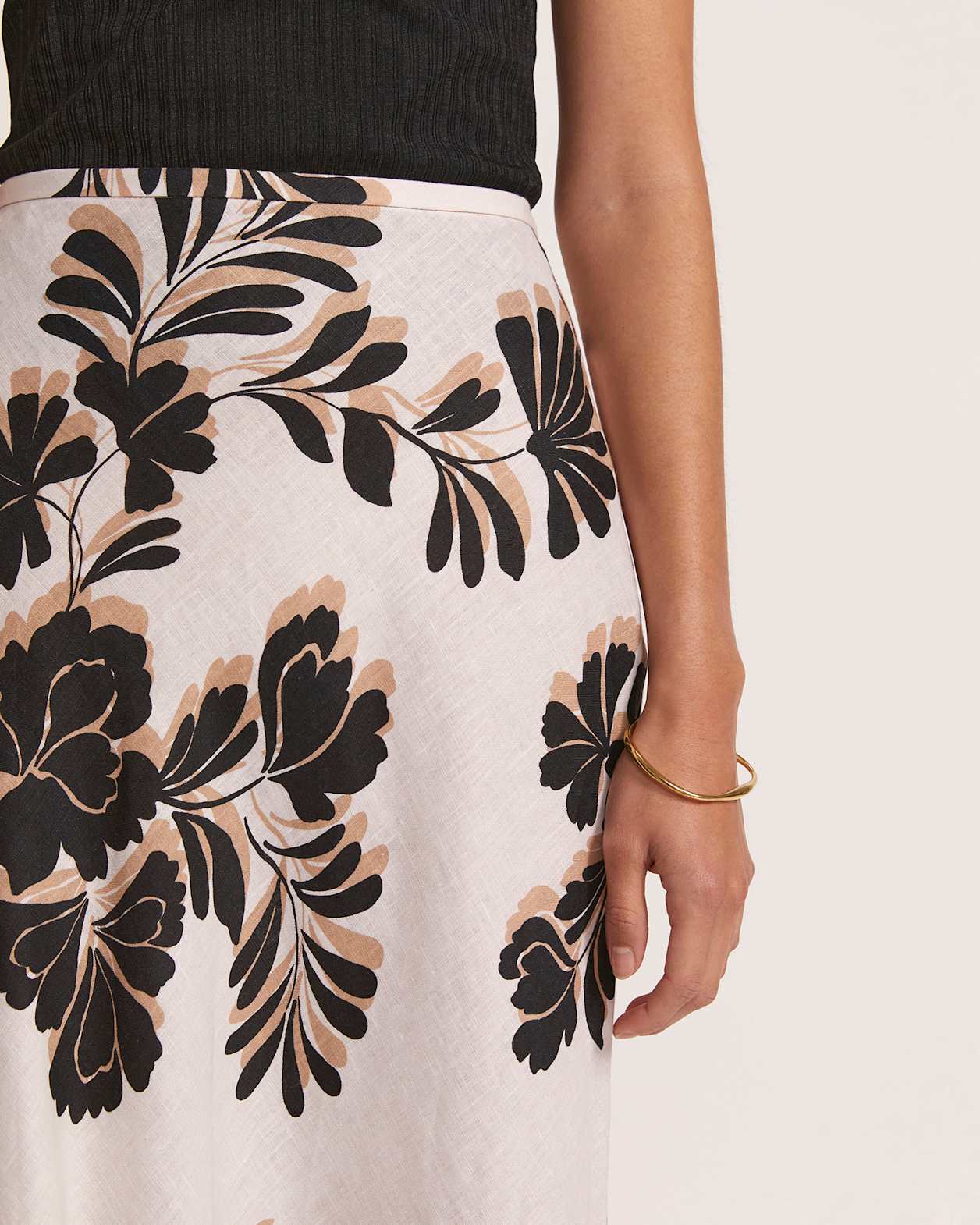 Ribbon Floral Bias Linen Midi Skirt in MULTI