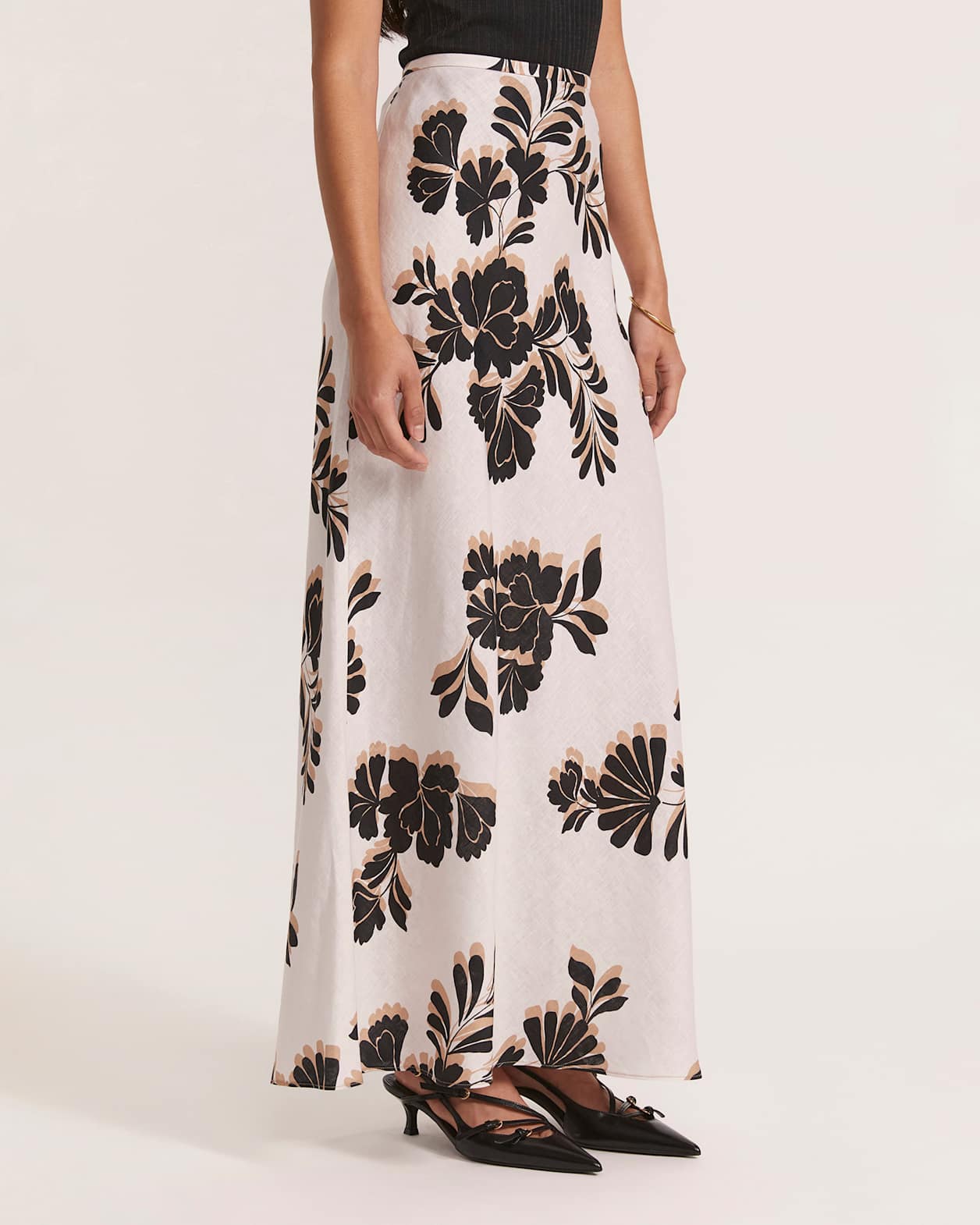 Ribbon Floral Bias Linen Midi Skirt in MULTI
