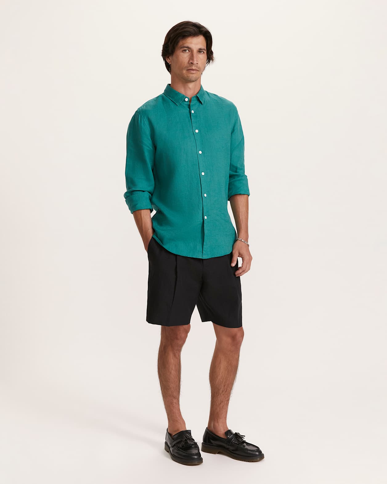 Anderson Long Sleeve Classic Linen Shirt in DARK GREEN