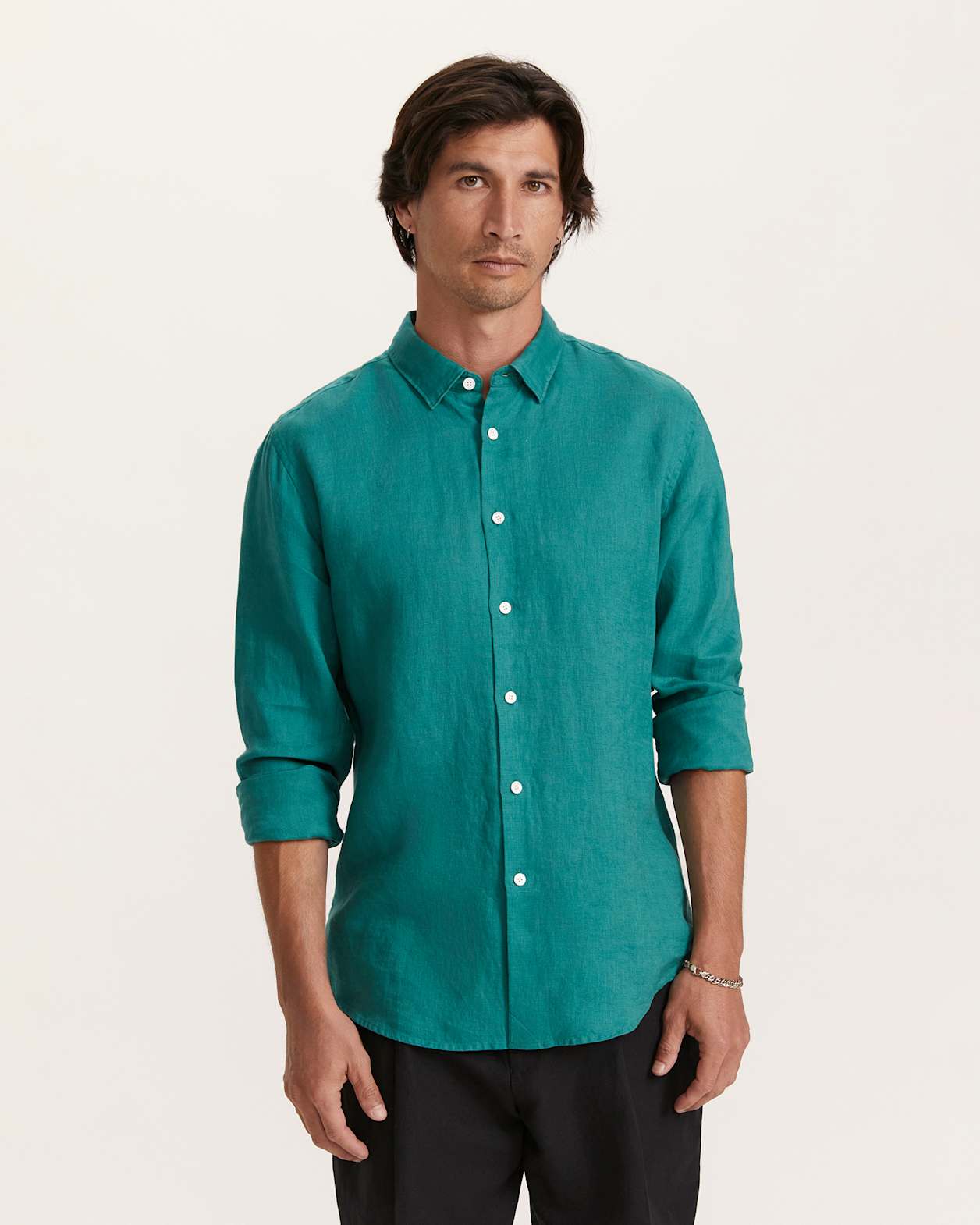 Anderson Long Sleeve Classic Linen Shirt in DARK GREEN