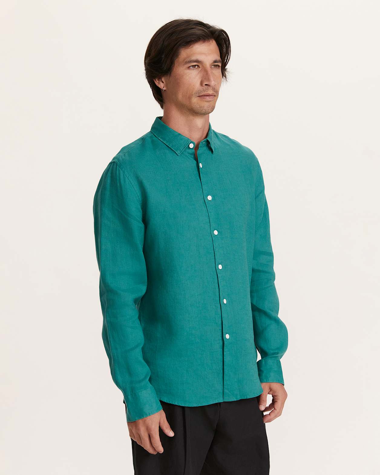 Anderson Long Sleeve Classic Linen Shirt in DARK GREEN