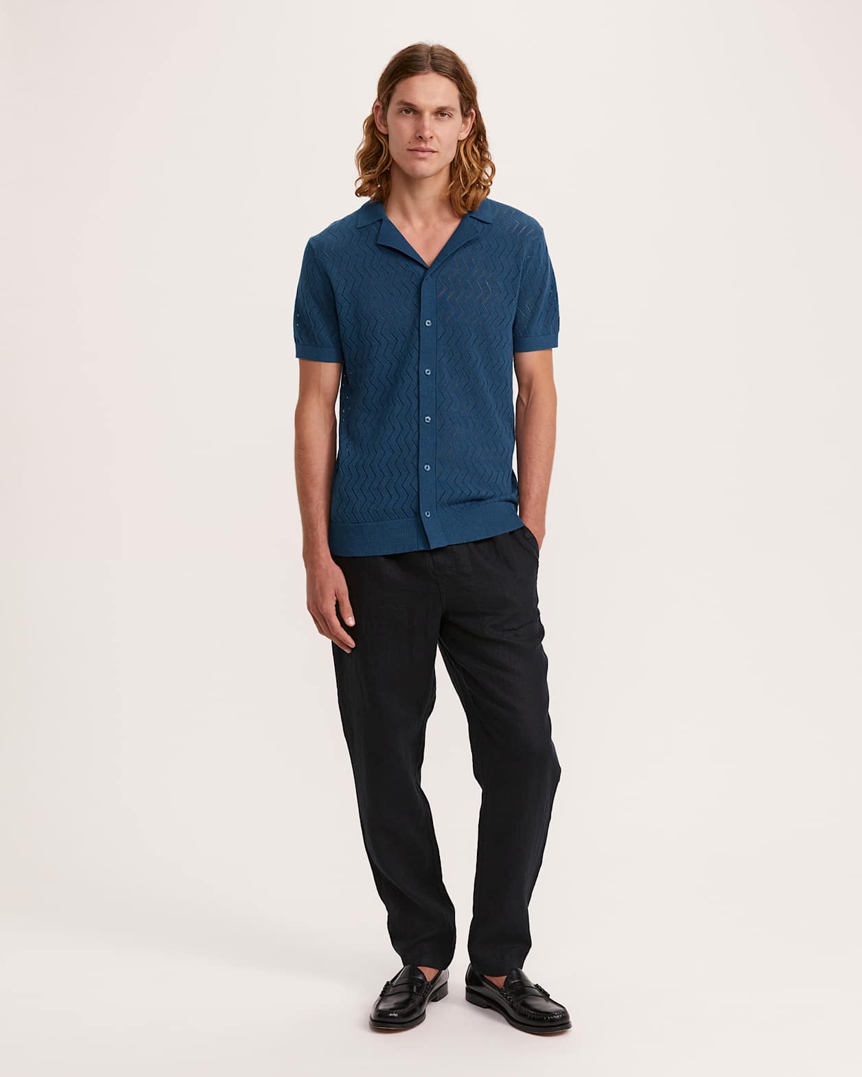 Luke Cotton Linen Knit Polo in STEEL