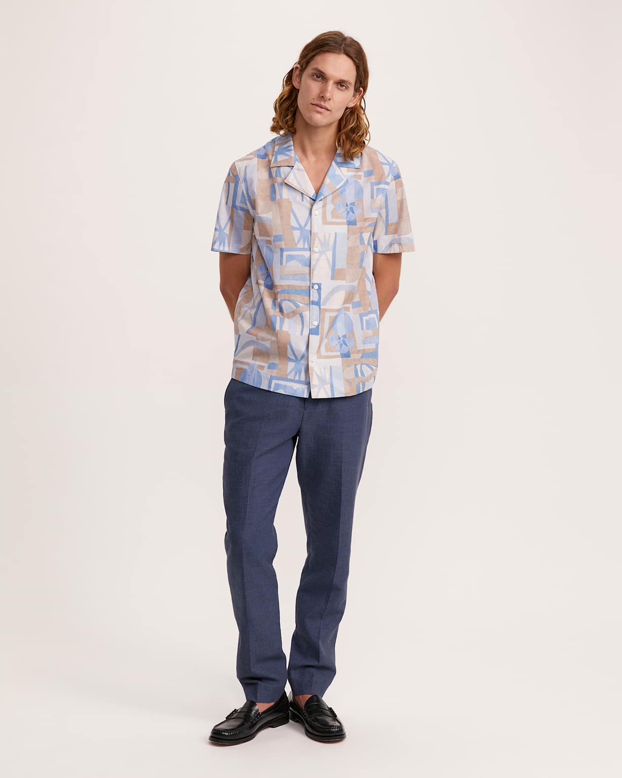 Wallis Short Sleeve Resort Print Cotton Shirt in BLUE/YELLOW
