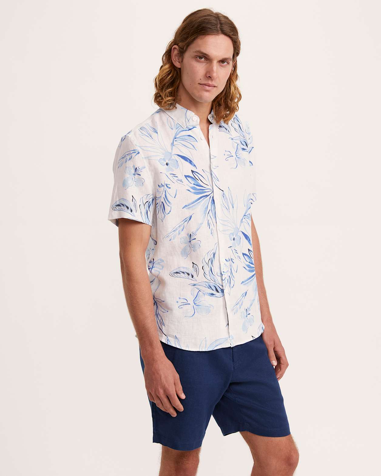 Rico Short Sleeve Classic Print Linen Shirt in WHITE/BLUE