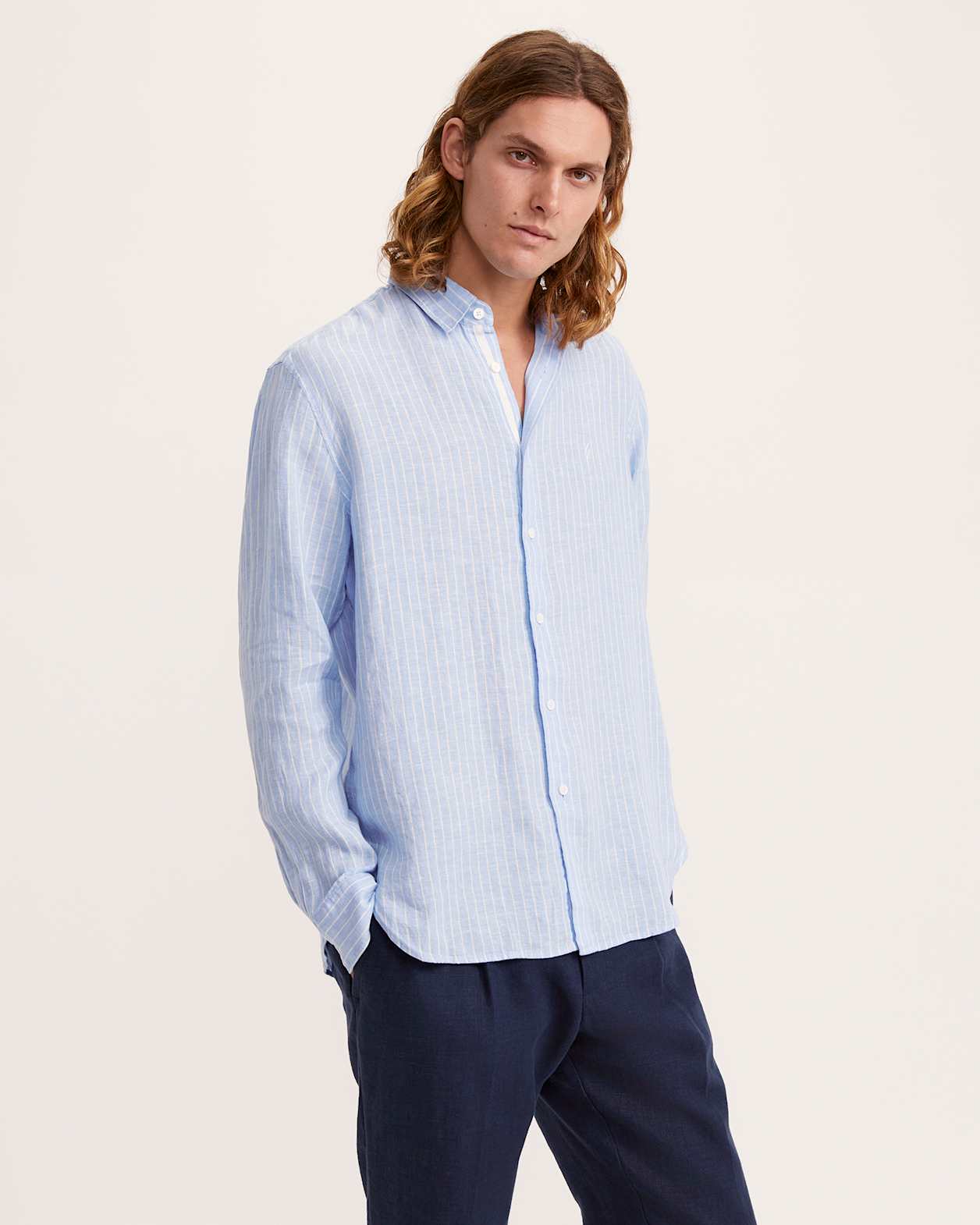 Noah Stripe Linen Shirt in LIGHT BLUE