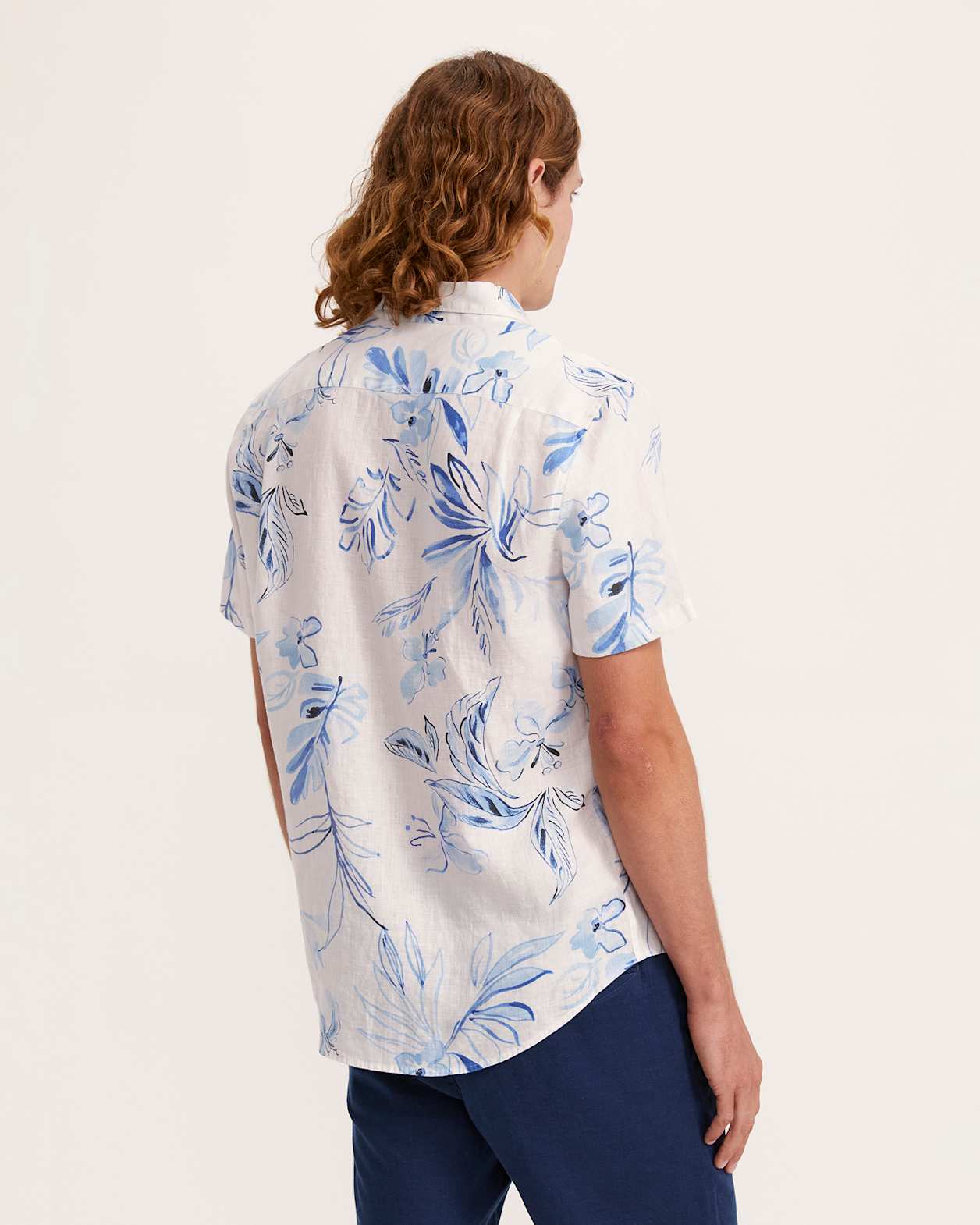Rico Short Sleeve Classic Print Linen Shirt in WHITE/BLUE