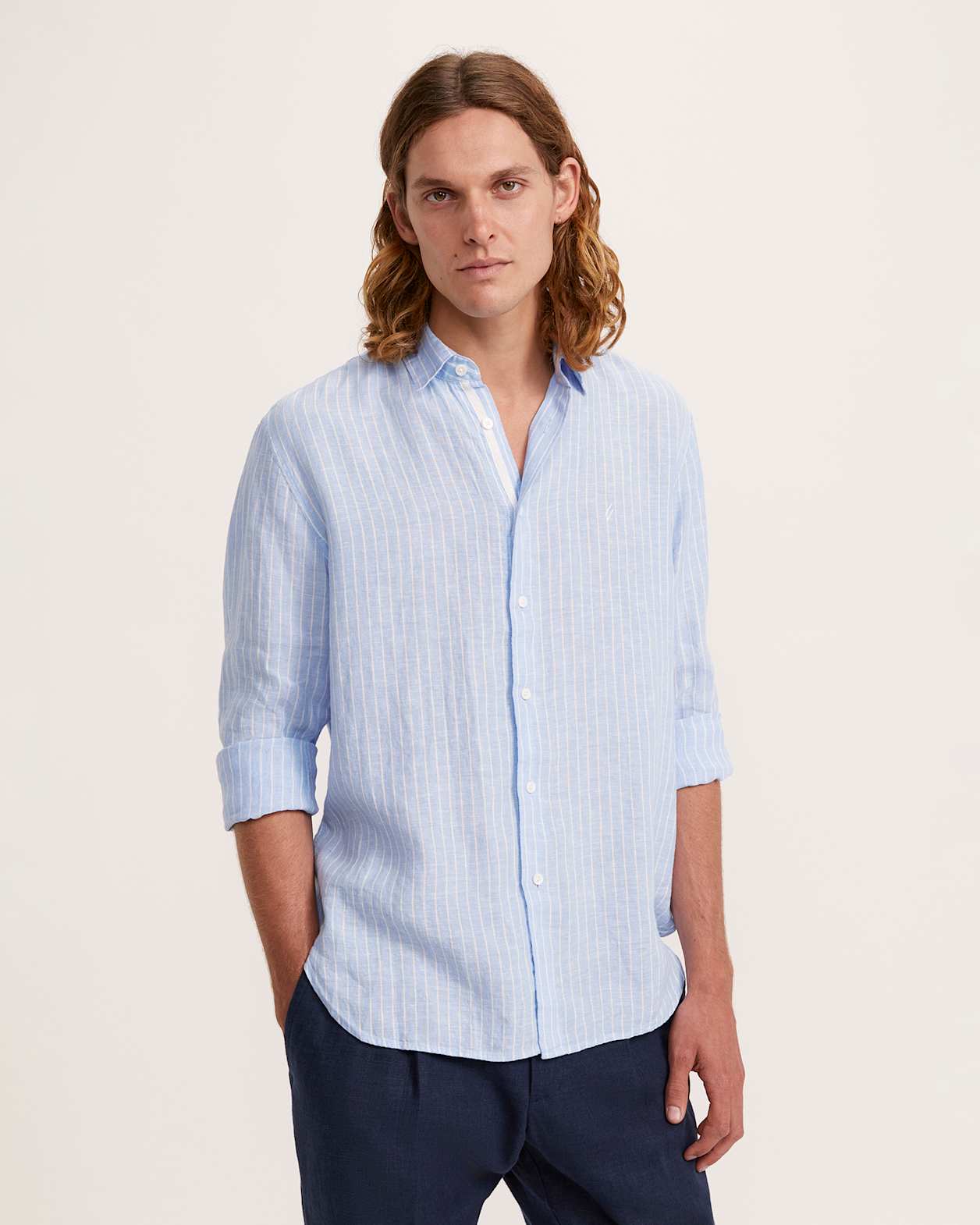 Noah Stripe Linen Shirt in LIGHT BLUE