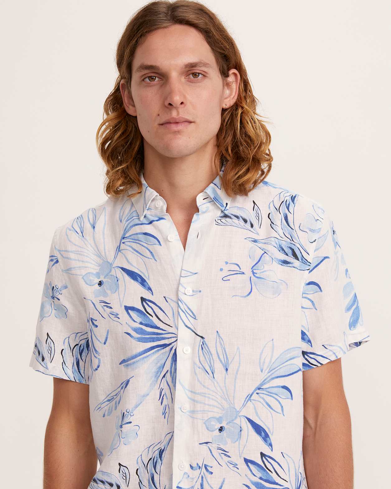 Rico Short Sleeve Classic Print Linen Shirt in WHITE/BLUE
