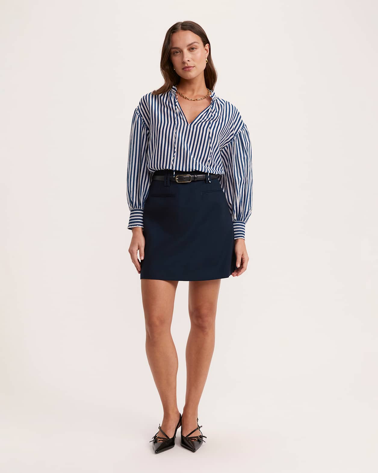 Cora Cotton Silk Striped Puff Sleeve Shirt in WHITE/NAVY