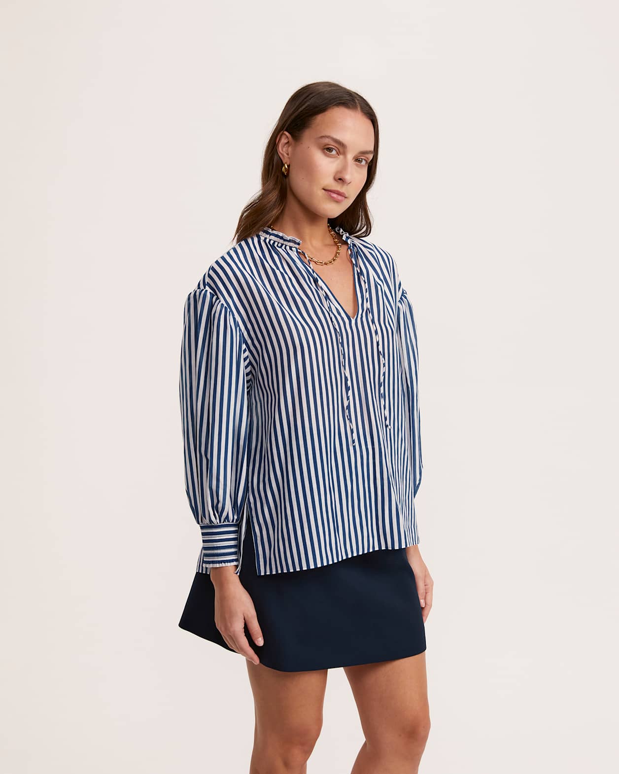Cora Cotton Silk Striped Puff Sleeve Shirt in WHITE/NAVY