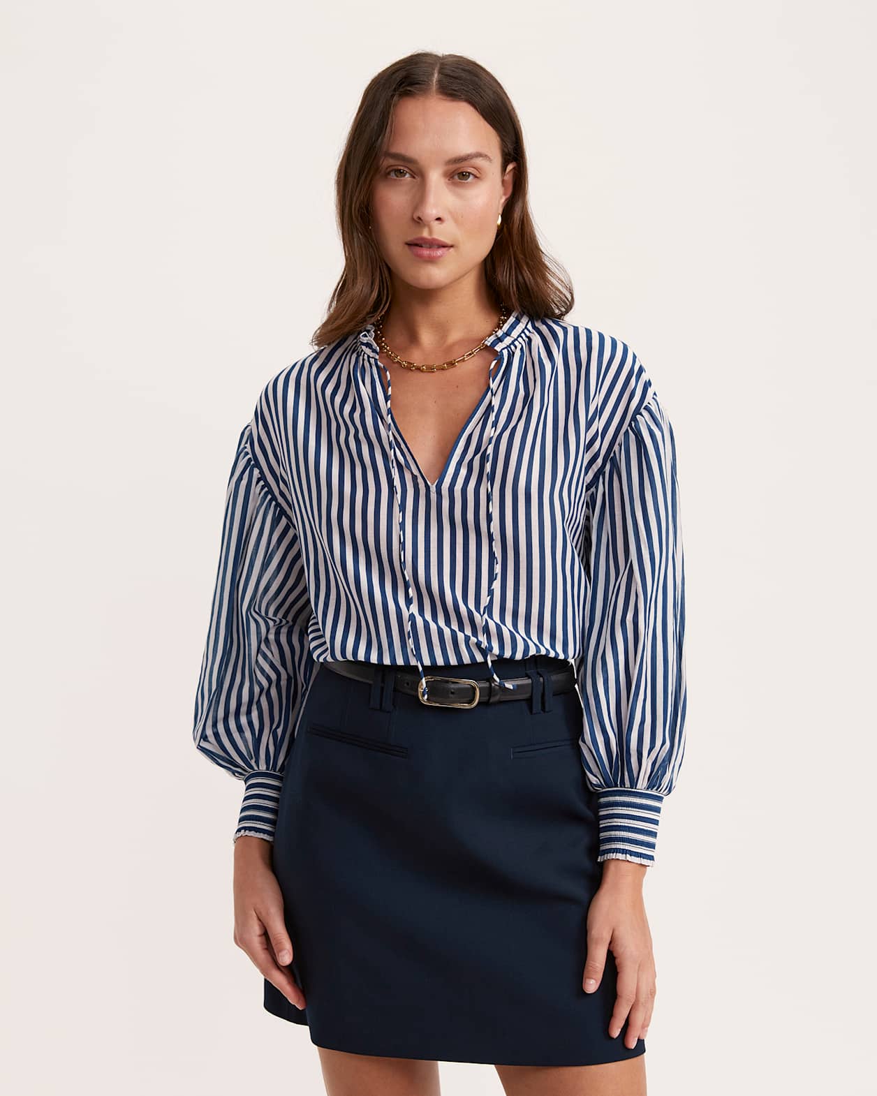 Cora Cotton Silk Striped Puff Sleeve Shirt in WHITE/NAVY