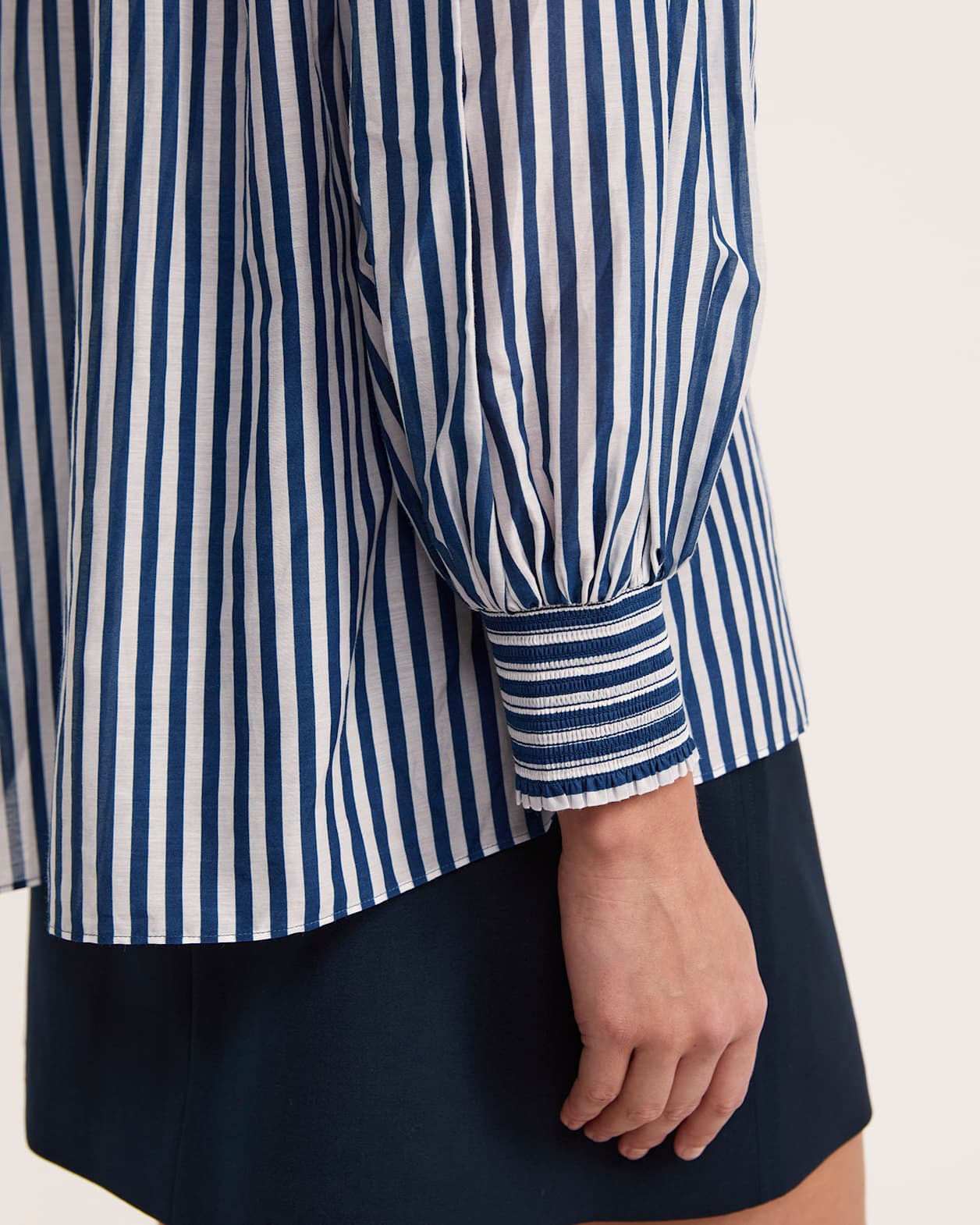 Cora Cotton Silk Striped Puff Sleeve Shirt in WHITE/NAVY