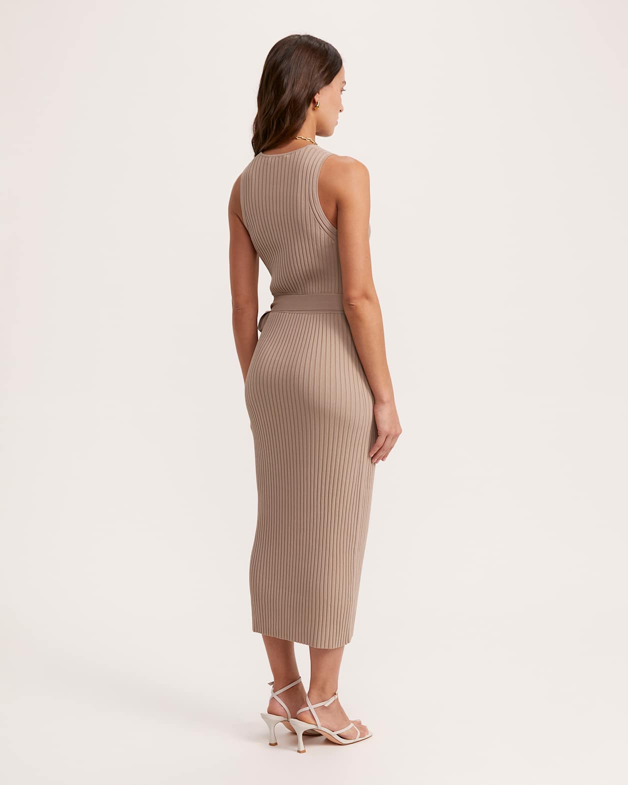 Victoria Rib Knit Tie Dress in TAN