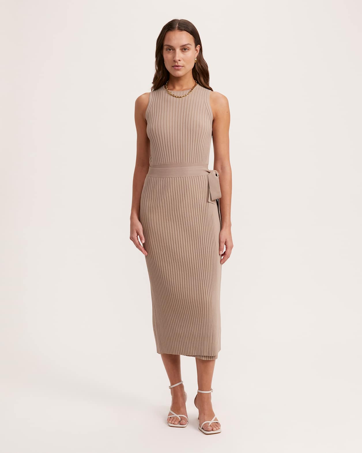 Victoria Rib Knit Tie Dress in TAN