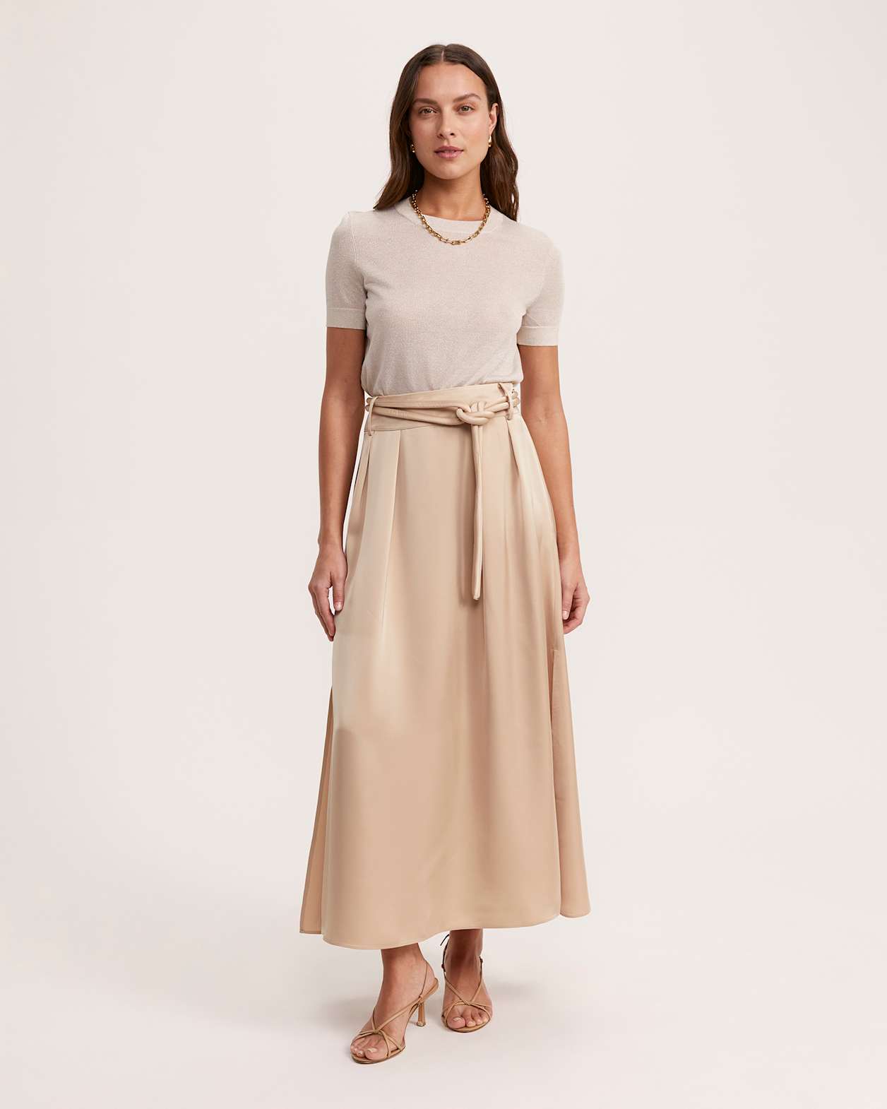 Jayde Belted Midi Skirt in CHAMPAGNE