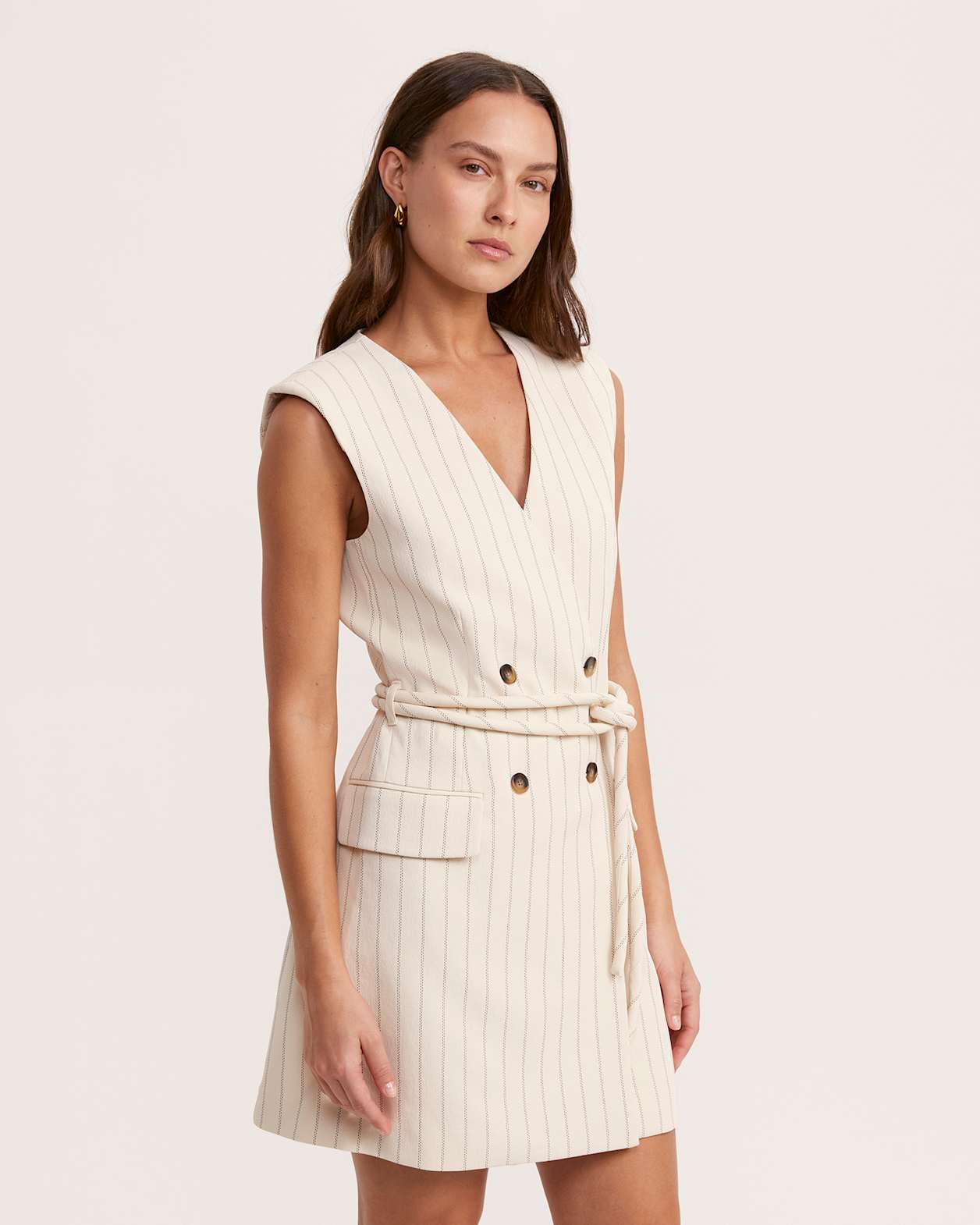Dharma Pinstripe Wrap Mini Dress in SAND