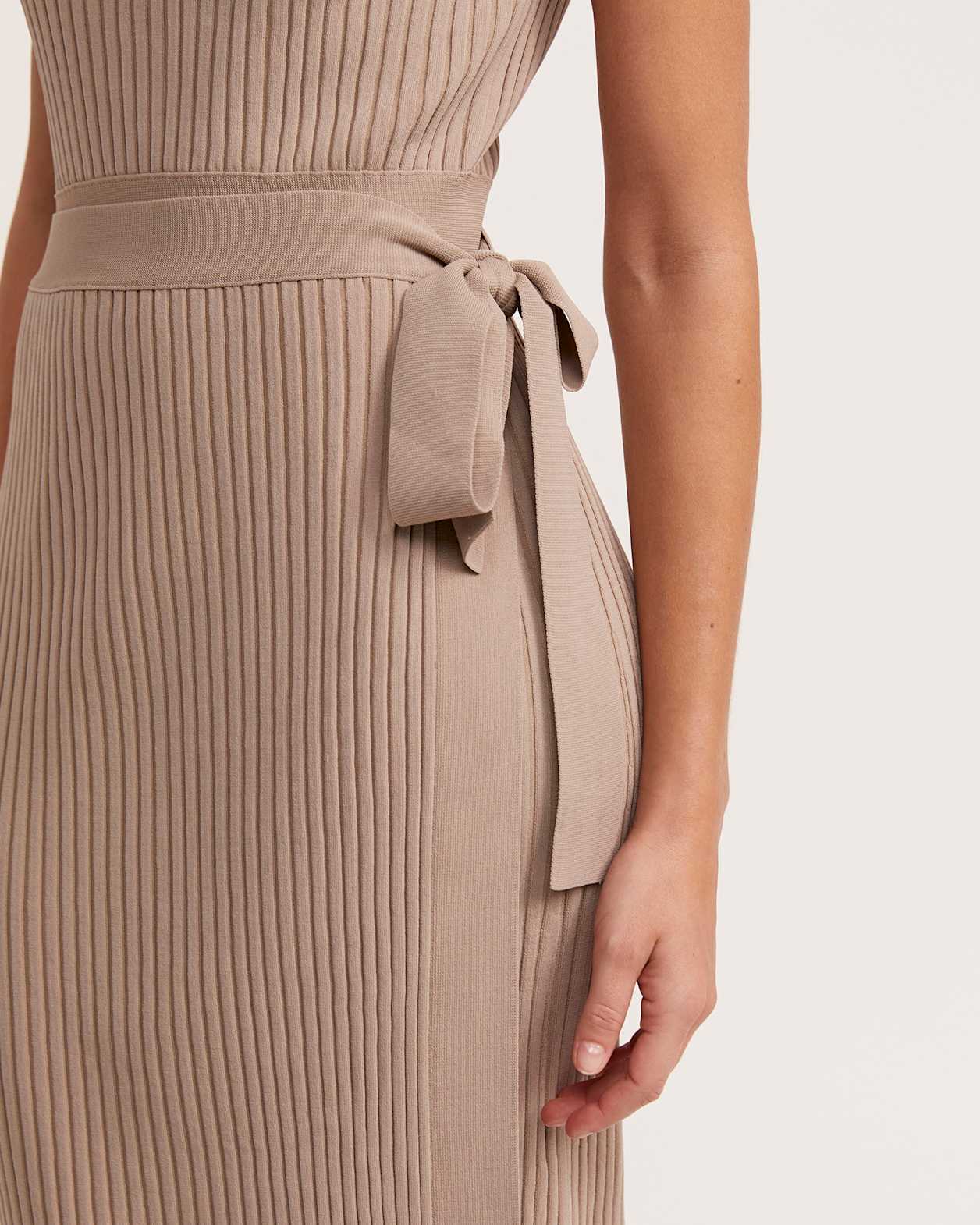 Victoria Rib Knit Tie Dress in TAN