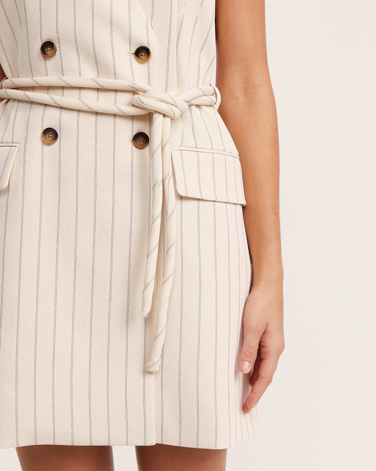 Dharma Pinstripe Wrap Mini Dress in SAND