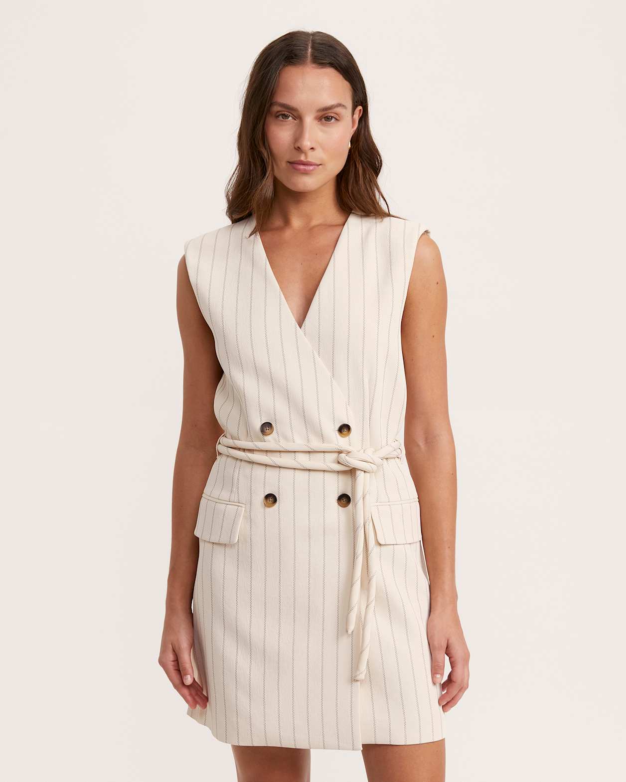 Dharma Pinstripe Wrap Mini Dress in SAND