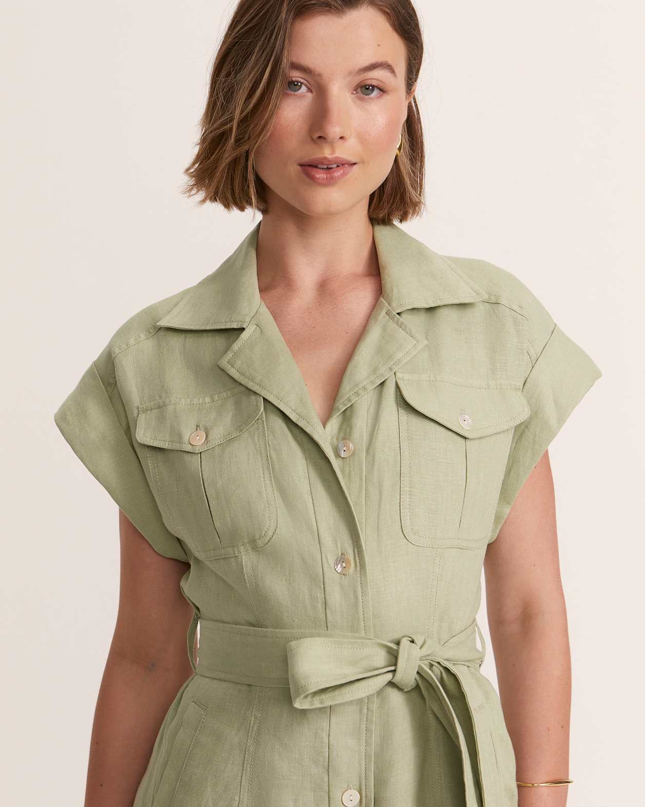 Lila Linen Utility Mini Dress in SAGE