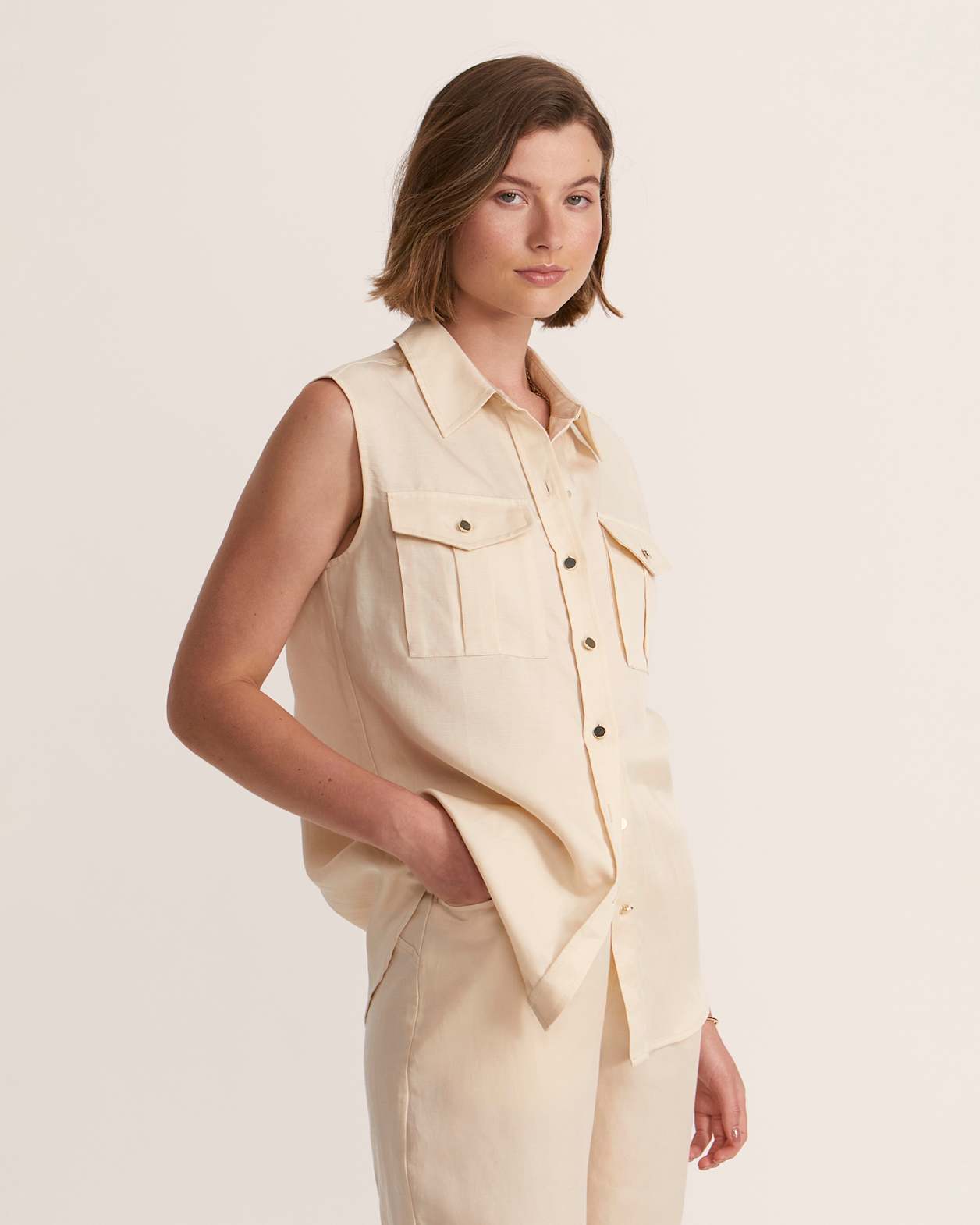 Mabel Utility Sleeveless Shirt in BUTTER
