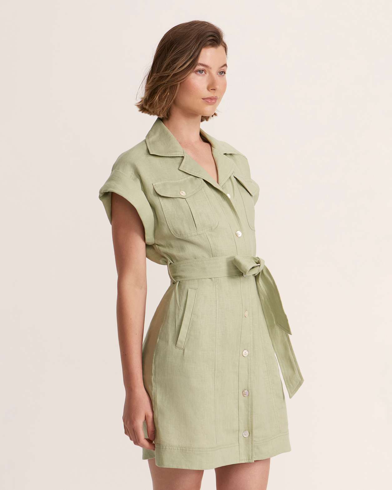 Lila Linen Utility Mini Dress in SAGE