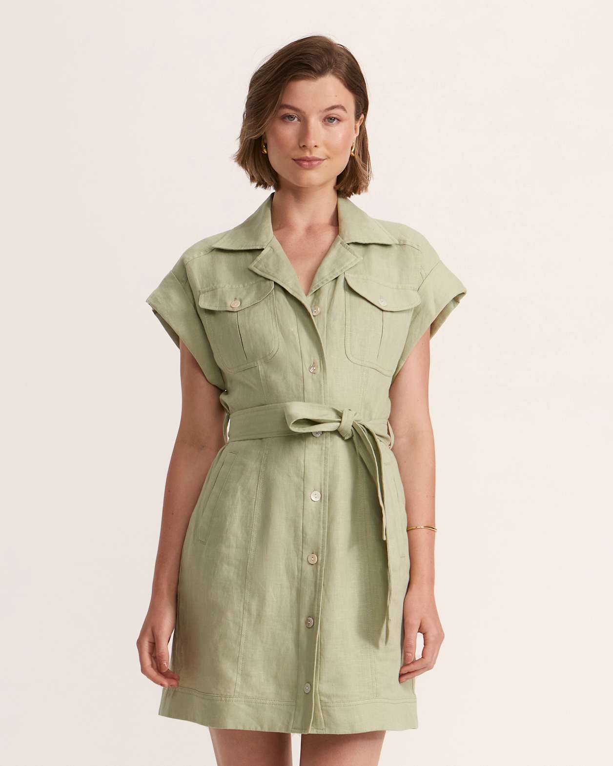 Lila Linen Utility Mini Dress in SAGE