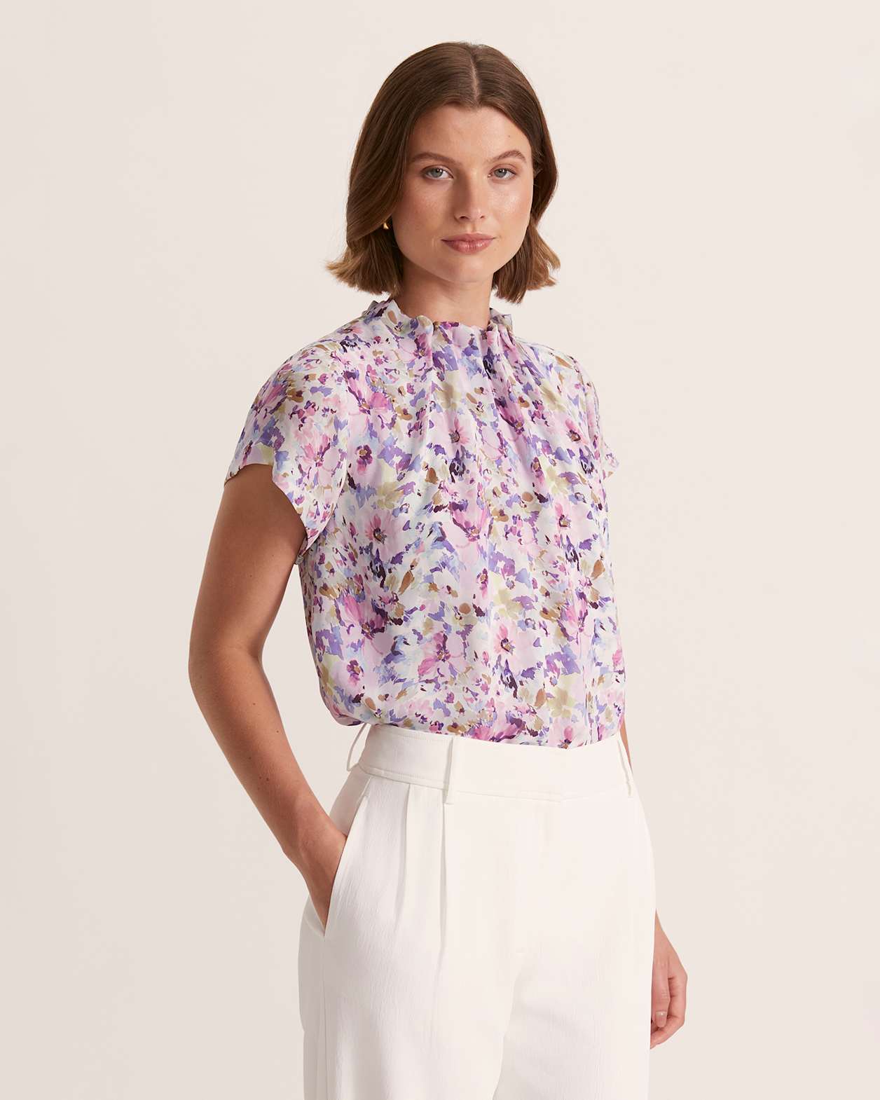 Periwinkle Silk Short Sleeve Top in MULTI