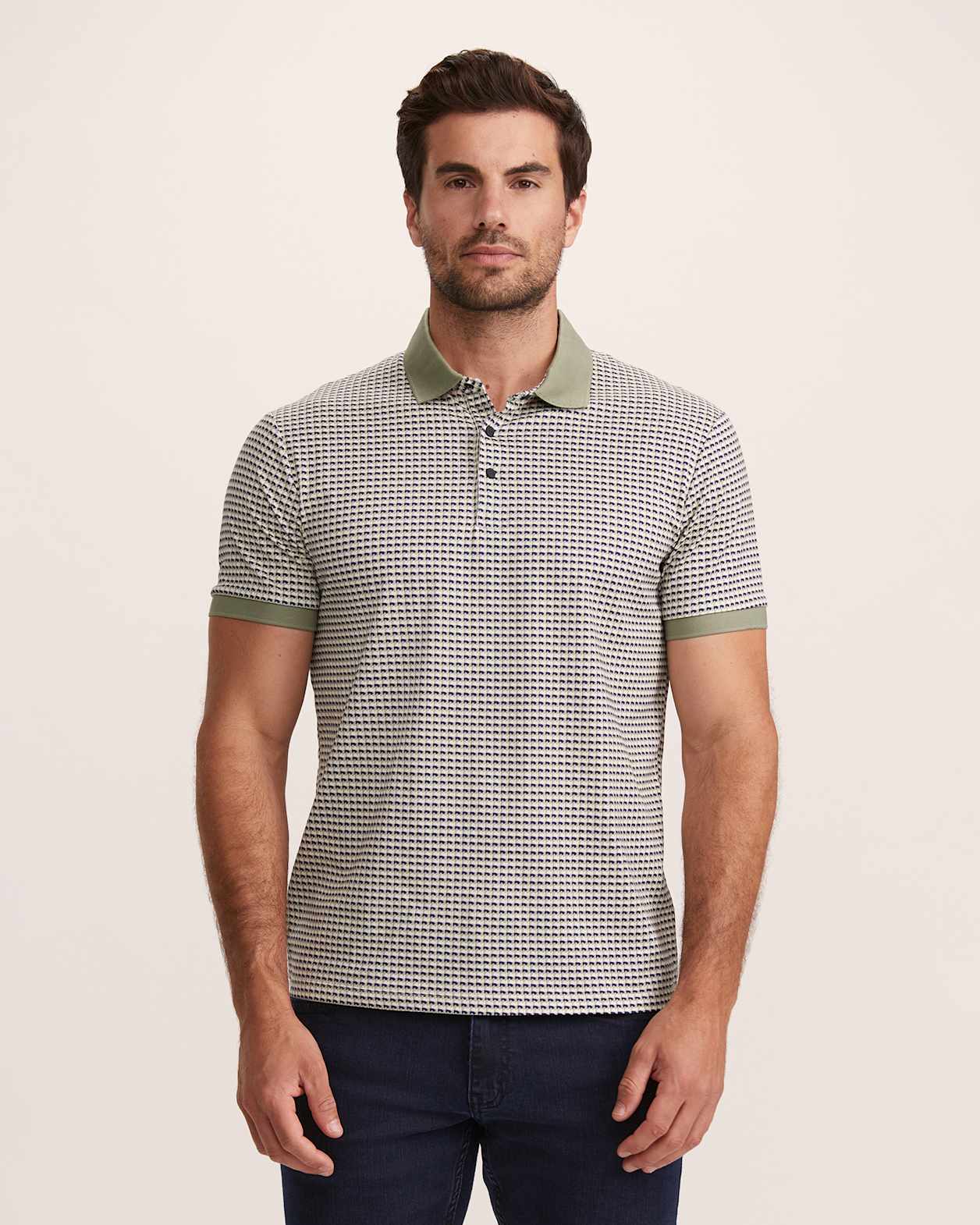 Bale Geo Print Cotton Polo in OLIVE/INK