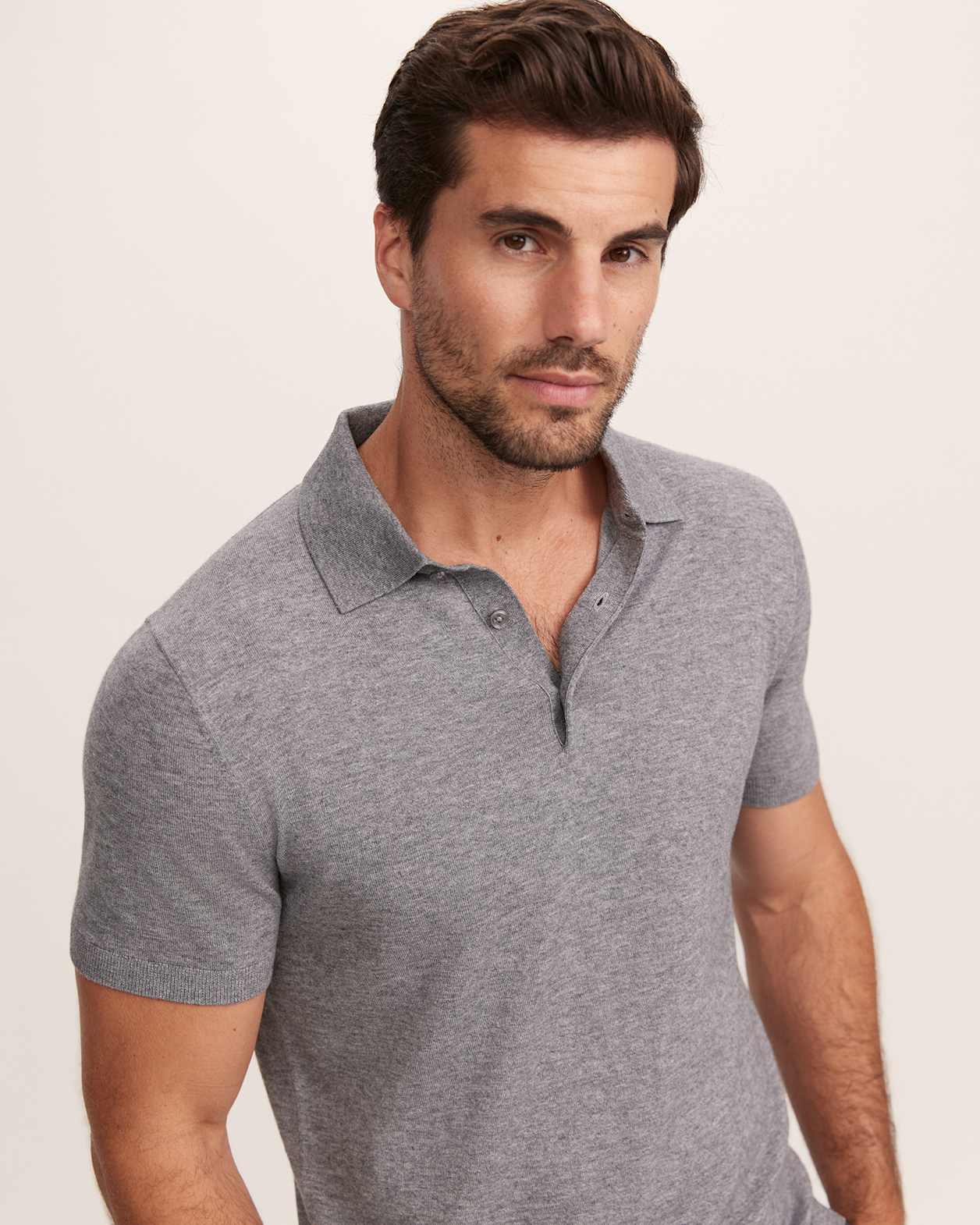 Miramar Cotton Wool Knit Polo in MID GREY