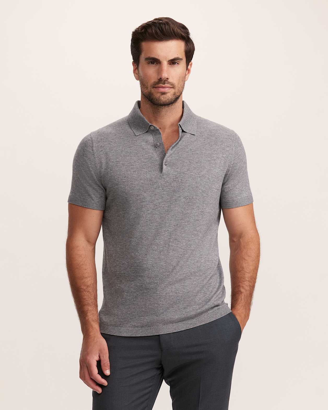 Miramar Cotton Wool Knit Polo in MID GREY